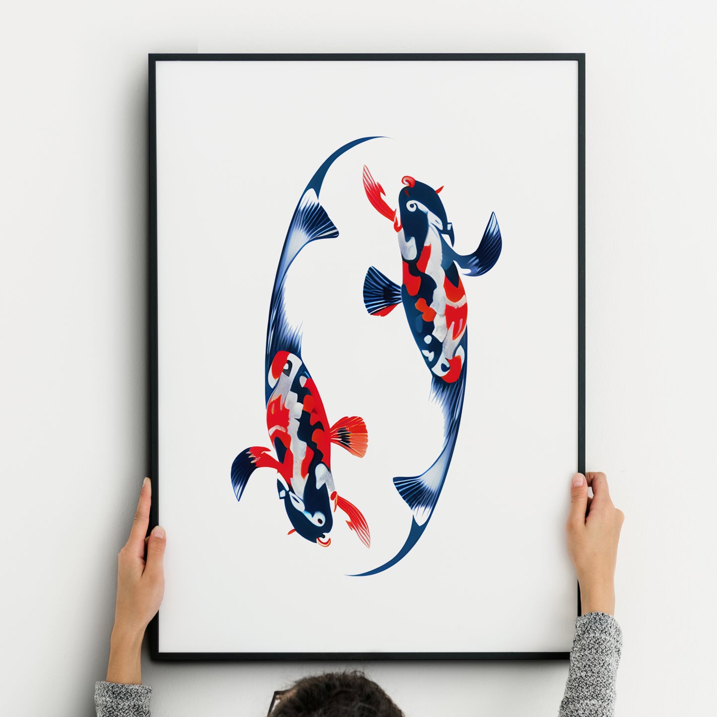 Single portrait abstract print featuring two koi fish in shades of blue and red-orange. The fish are arranged in an oval shape implying rotation and representing the traditional yin-yang imagery.