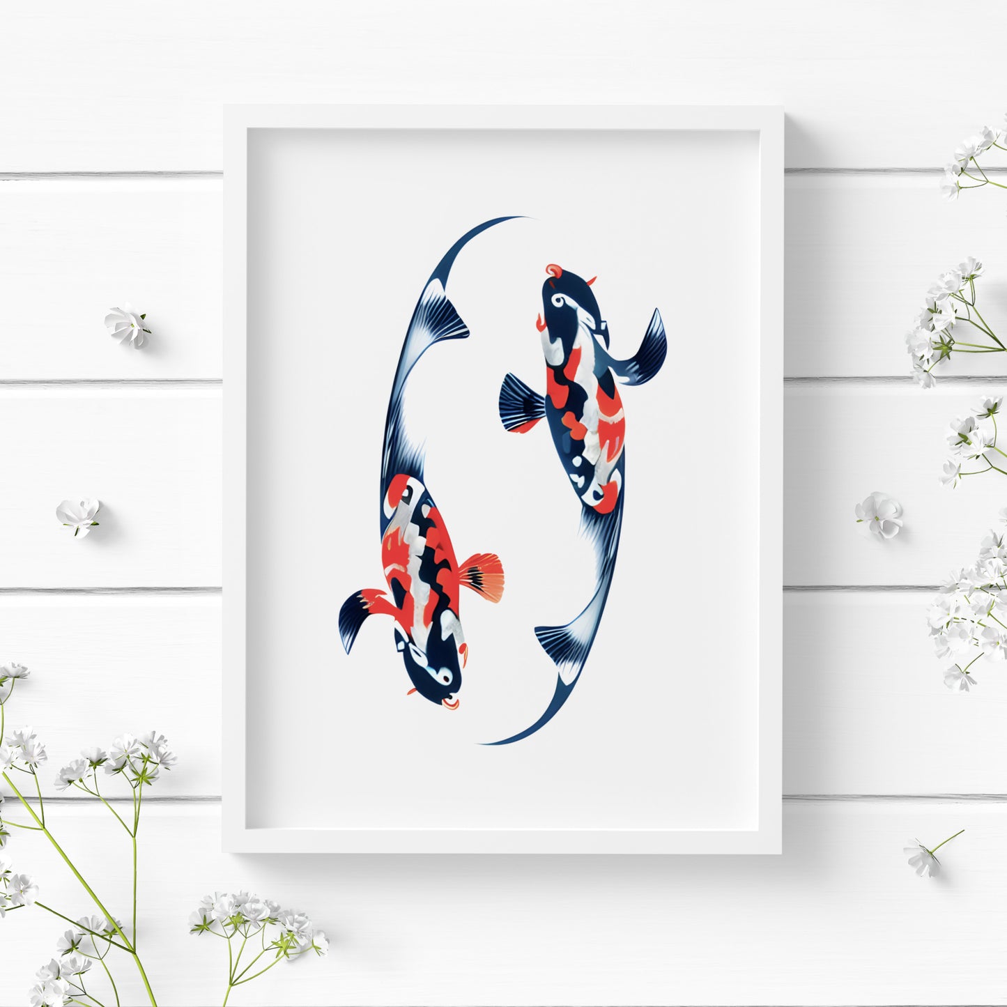 Single portrait abstract print featuring two koi fish in shades of blue and red-orange. The fish are arranged in an oval shape implying rotation and representing the traditional yin-yang imagery.