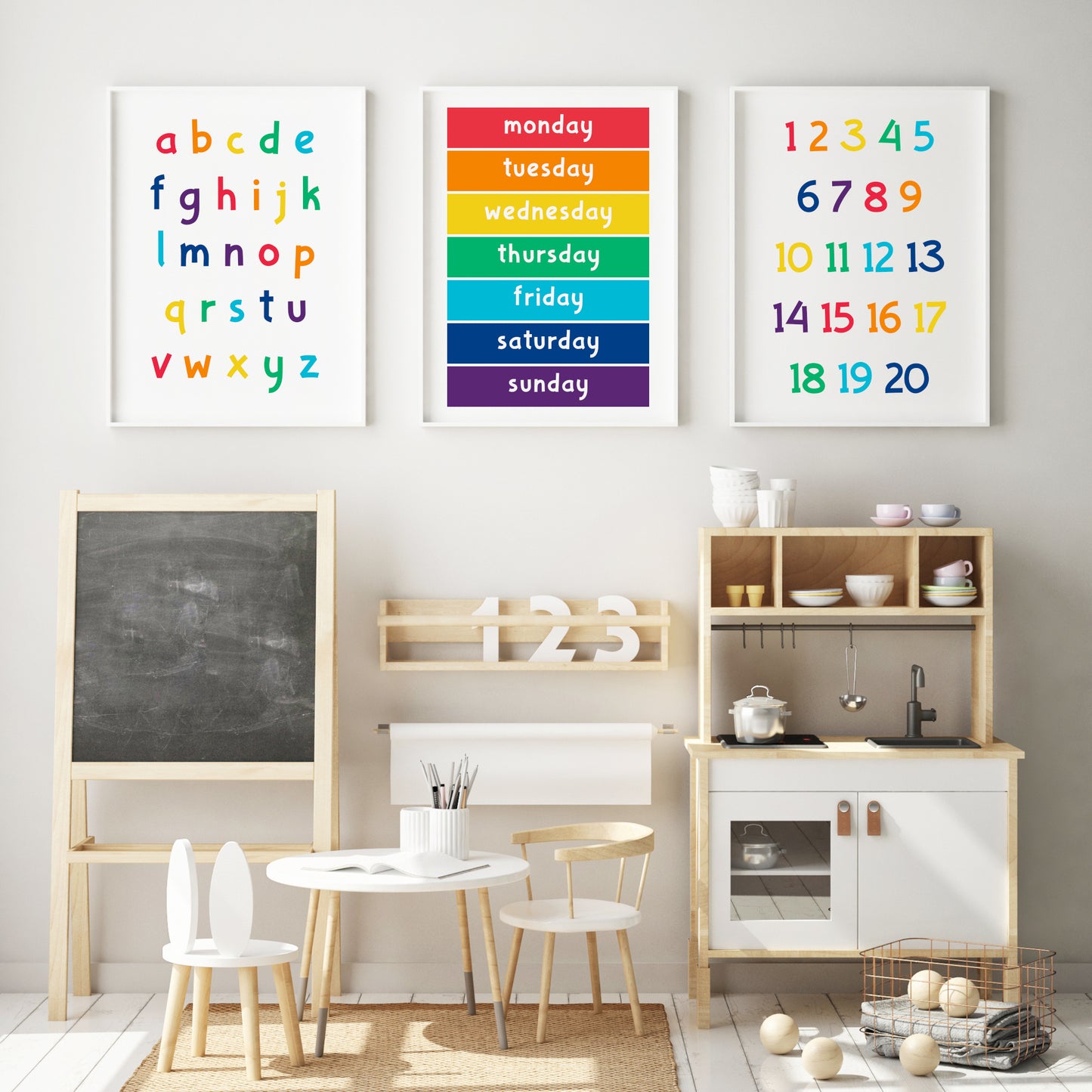 Alphabet, Days of the Week & Numbers 1-20 Prints (Set of 3)