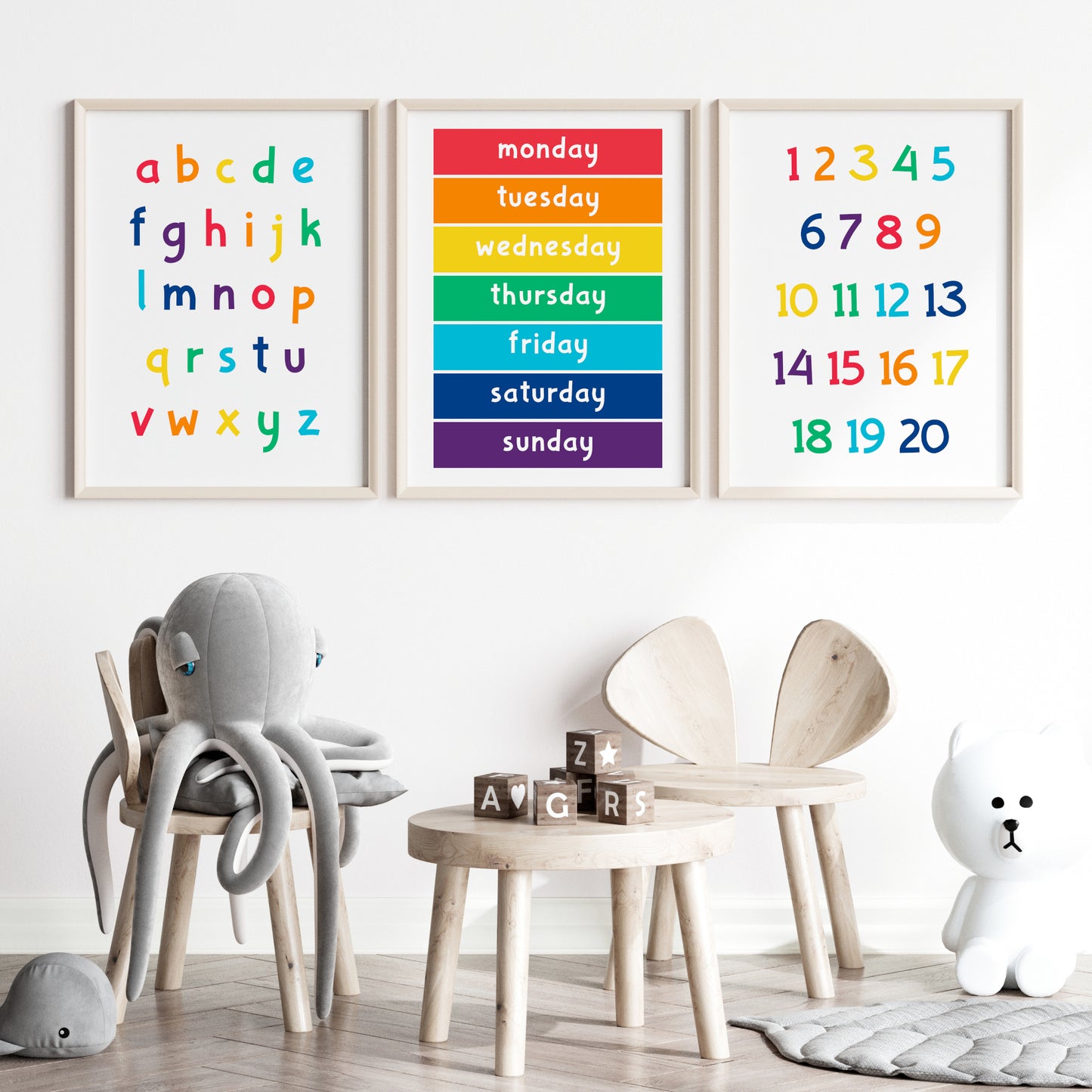 Alphabet, Days of the Week & Numbers 1-20 Prints (Set of 3)