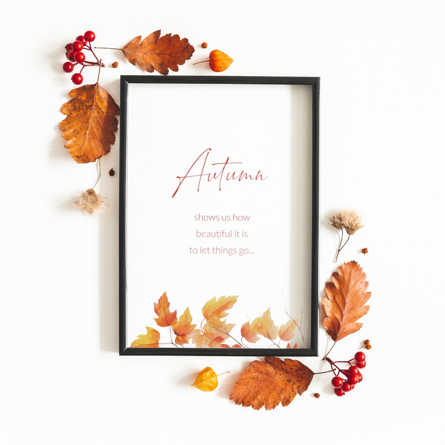 Single portrait Autumn-themed print featuring the quote: Autumn show us how beautiful it is to let things go. The word Autumn is prominent in a modern script font. Remaining text in a clean sans serif font. Autumn-leaves are along the lower border.