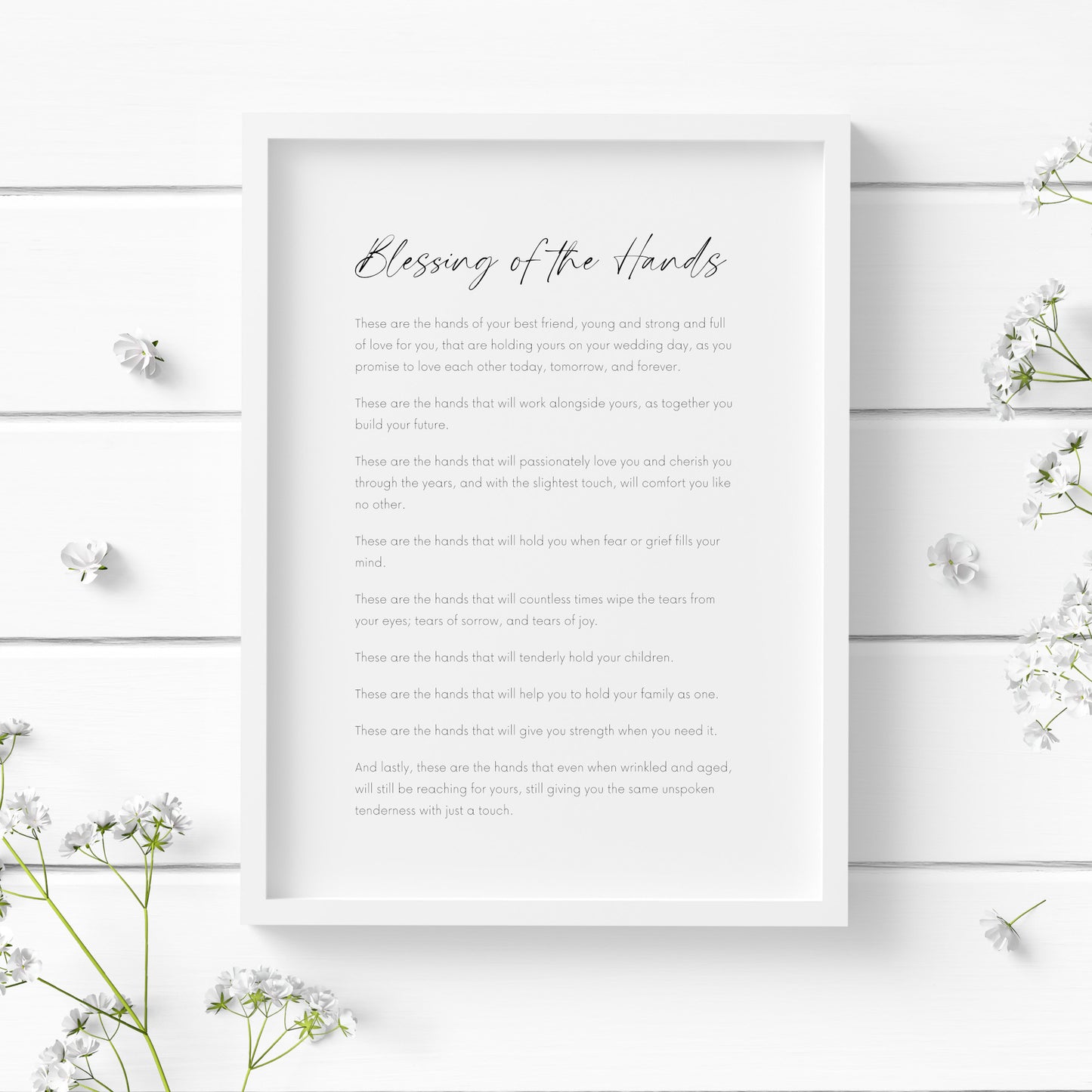 Single portrait typography print featuring the "Blessing of the hands". Title is in an elegant script font with the body text in a crisp sans serif font. Text is black on a white  background.