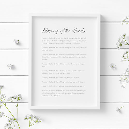 Single portrait typography print featuring the "Blessing of the hands". Title is in an elegant script font with the body text in a crisp sans serif font. Text is black on a white  background.