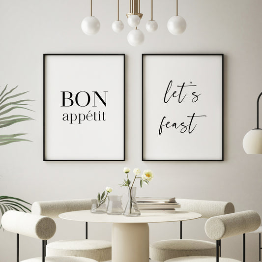 Set of 2 portrait typography prints. Print 1 reads Bon appetit, in a formal serif font (Bon in upper case, appetit in lower case). Print 2 reads let's feast, in a complementary script font, all in lower case. Text is black on a white background.