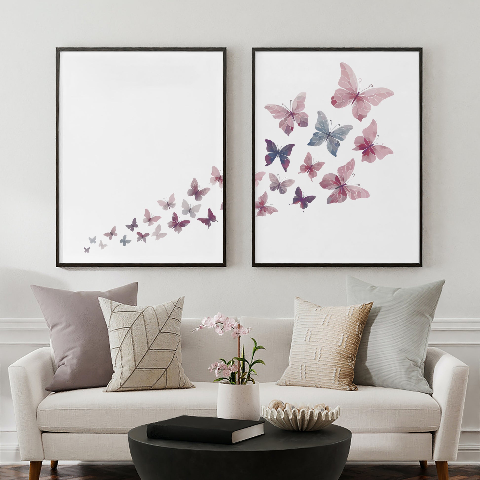 Set of 2 prints featuring a kaleidoscope of butterflies rising from the bottom left of print 1 to the top right of print 2. The butterflies are in muted tones of pink purple and blue. Styling is soft and delicate.