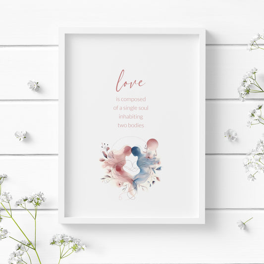 Portrait print of Aristotle's definition of love. The word love is prominent, in an elegant script font. Other text is a smaller sans serif font. An illustration of the quote is below. Text is pink, the image pink and blue. Background is white.