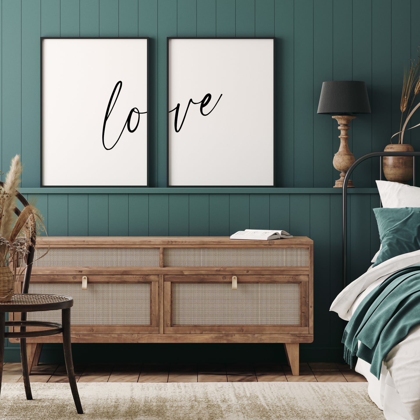 Set of 2 prints with the word love spread across them. "lo" is right aligned on print 1. "ve" is left aligned on print 2. Text is in a lower case modern script font, black on a white background, and at a slight upwards angle.