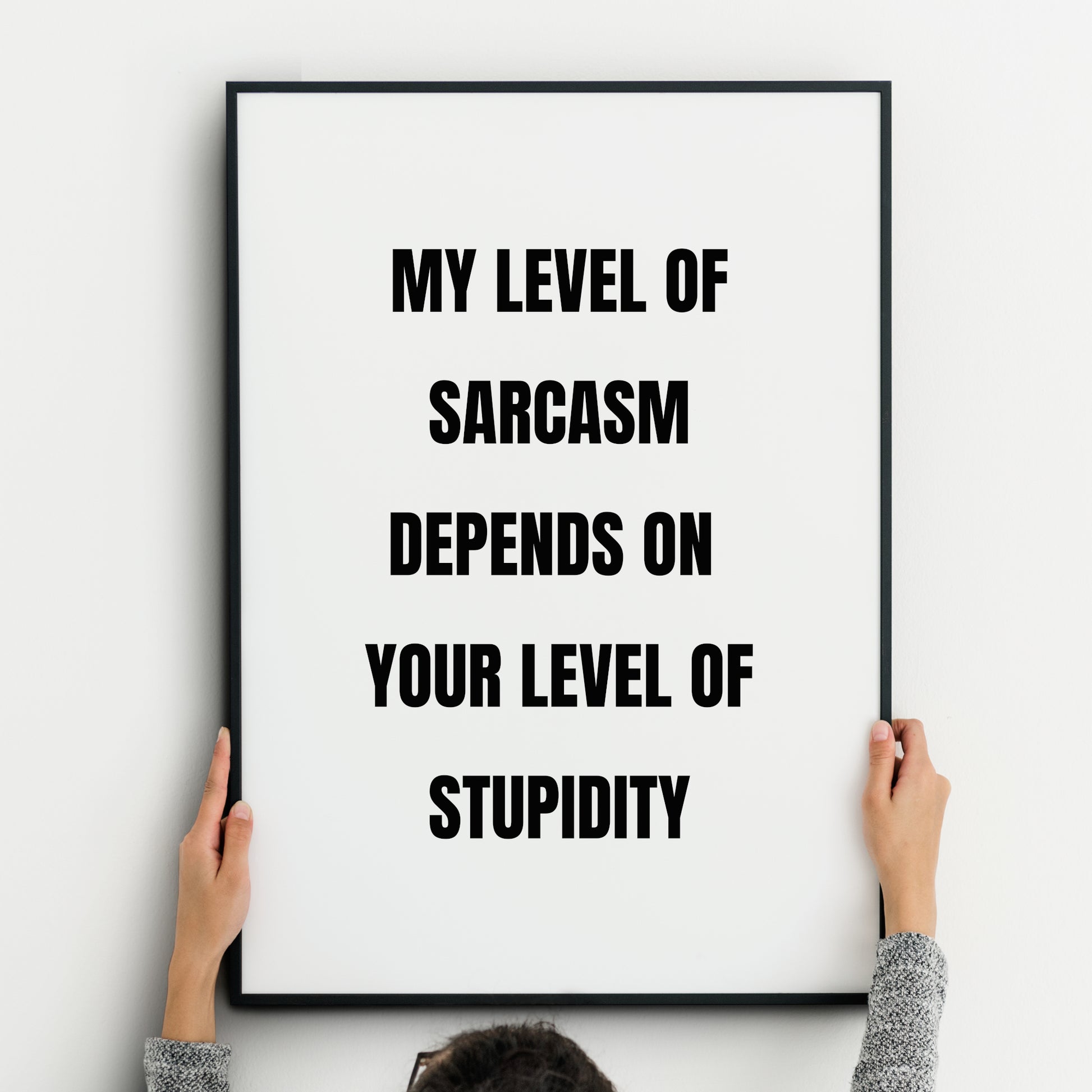 Single portrait typograpphy print. Text reads: My Level Of Sarcasm Depends On Your Level Of Stupidity. Text is in a bold upper case sans serif font, black on a white background. Styling is modern and edgy.