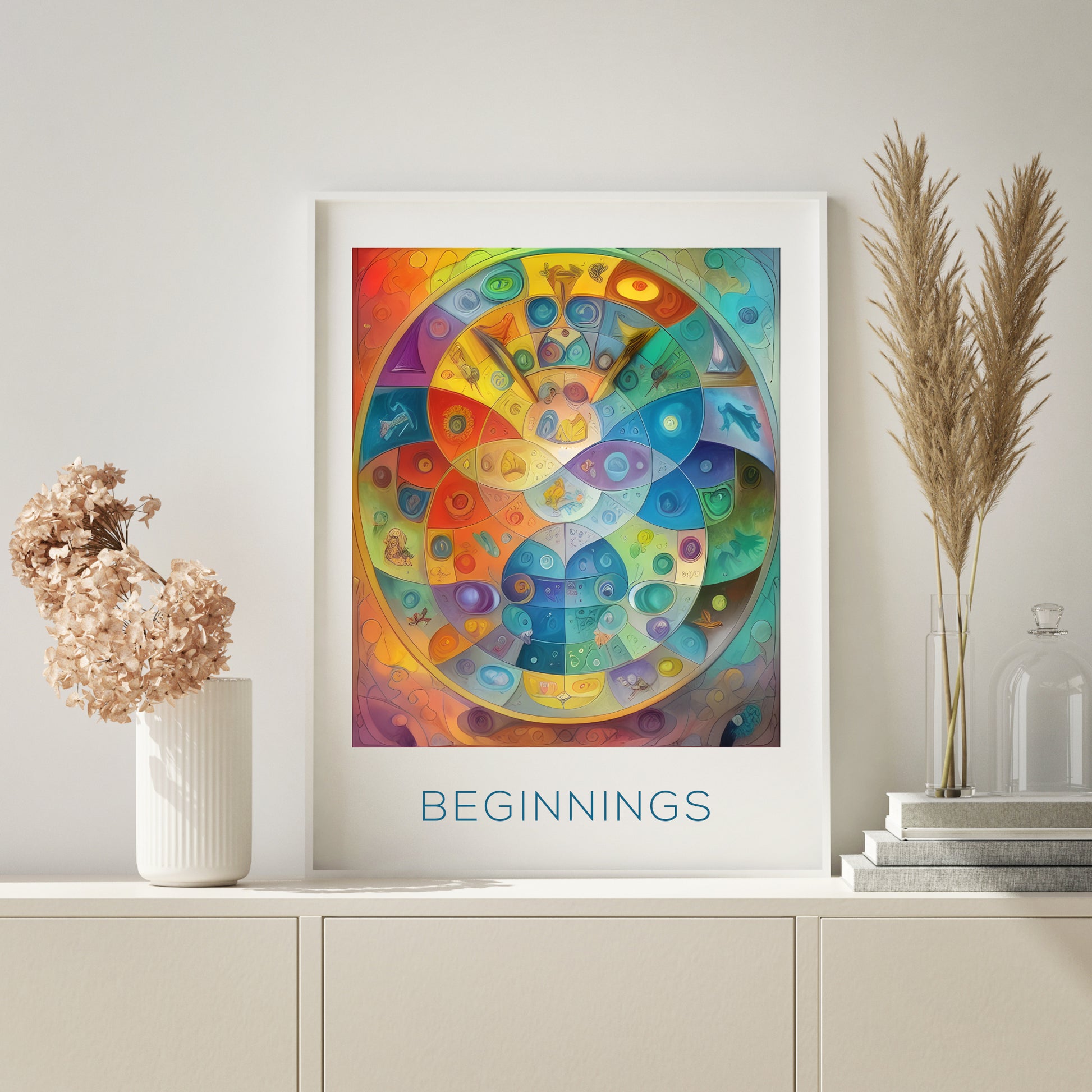 Single portrait abstract print titled "Beginnings". The composition is in a broad palette with a combination of bright shades and more muted tones.