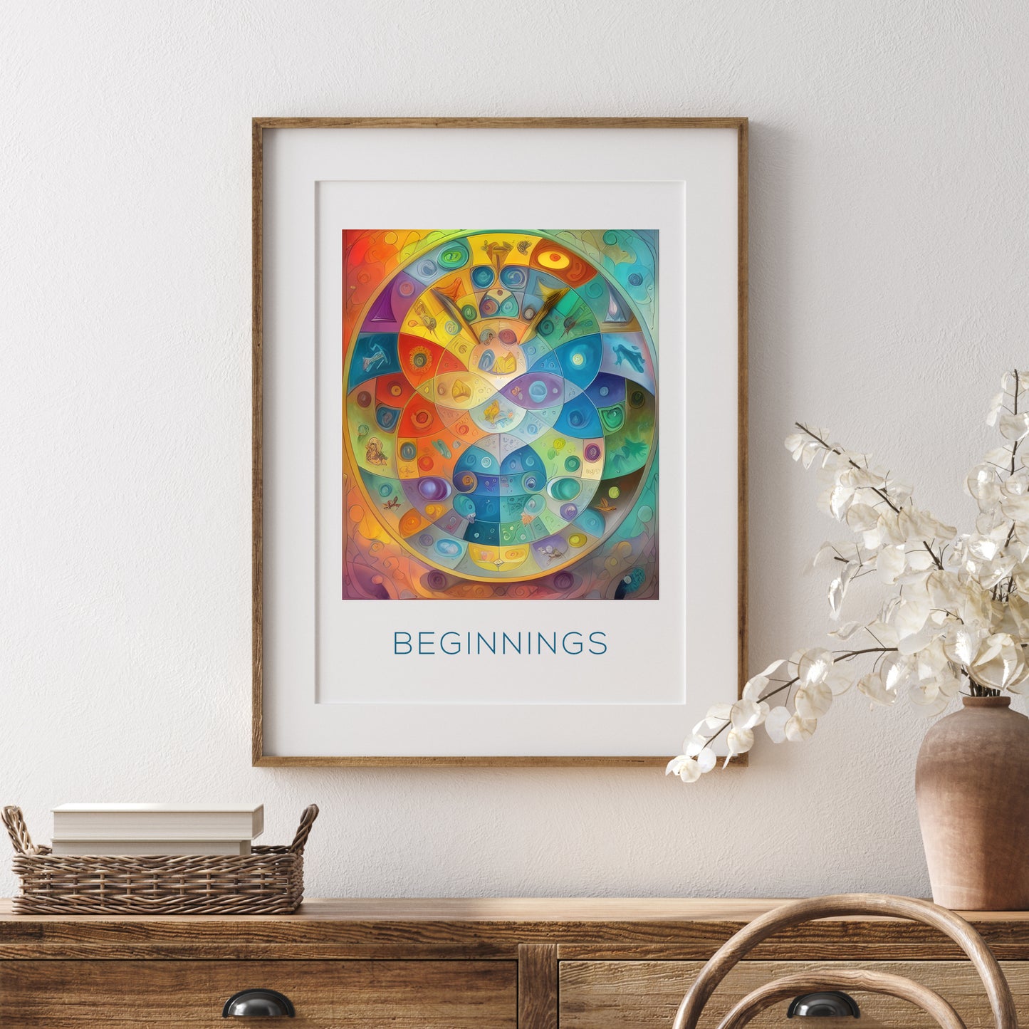 Single portrait abstract print titled "Beginnings". The composition is in a broad palette with a combination of bright shades and more muted tones.