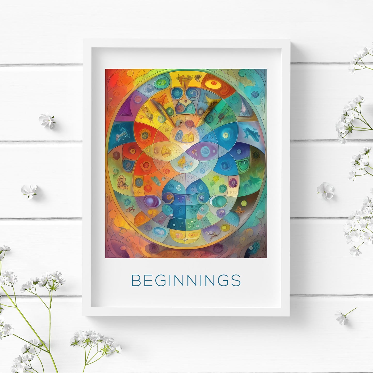 Single portrait abstract print titled "Beginnings". The composition is in a broad palette with a combination of bright shades and more muted tones.