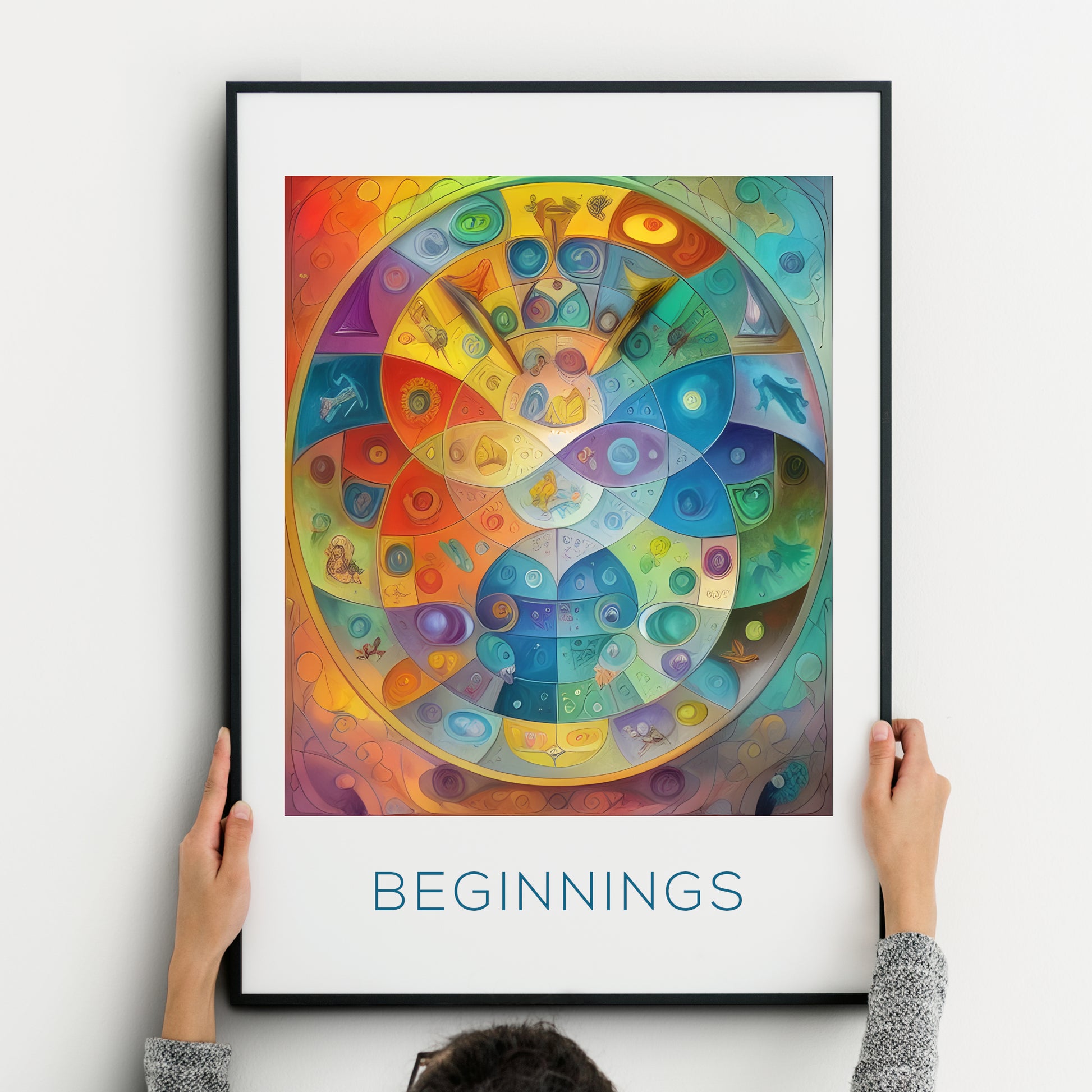 Single portrait abstract print titled "Beginnings". The composition is in a broad palette with a combination of bright shades and more muted tones.