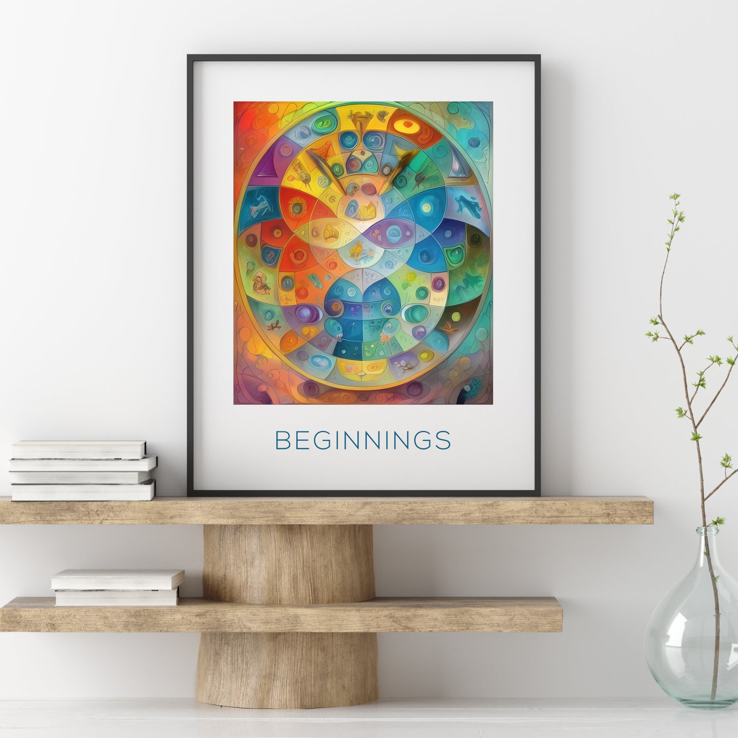 Single portrait abstract print titled "Beginnings". The composition is in a broad palette with a combination of bright shades and more muted tones.