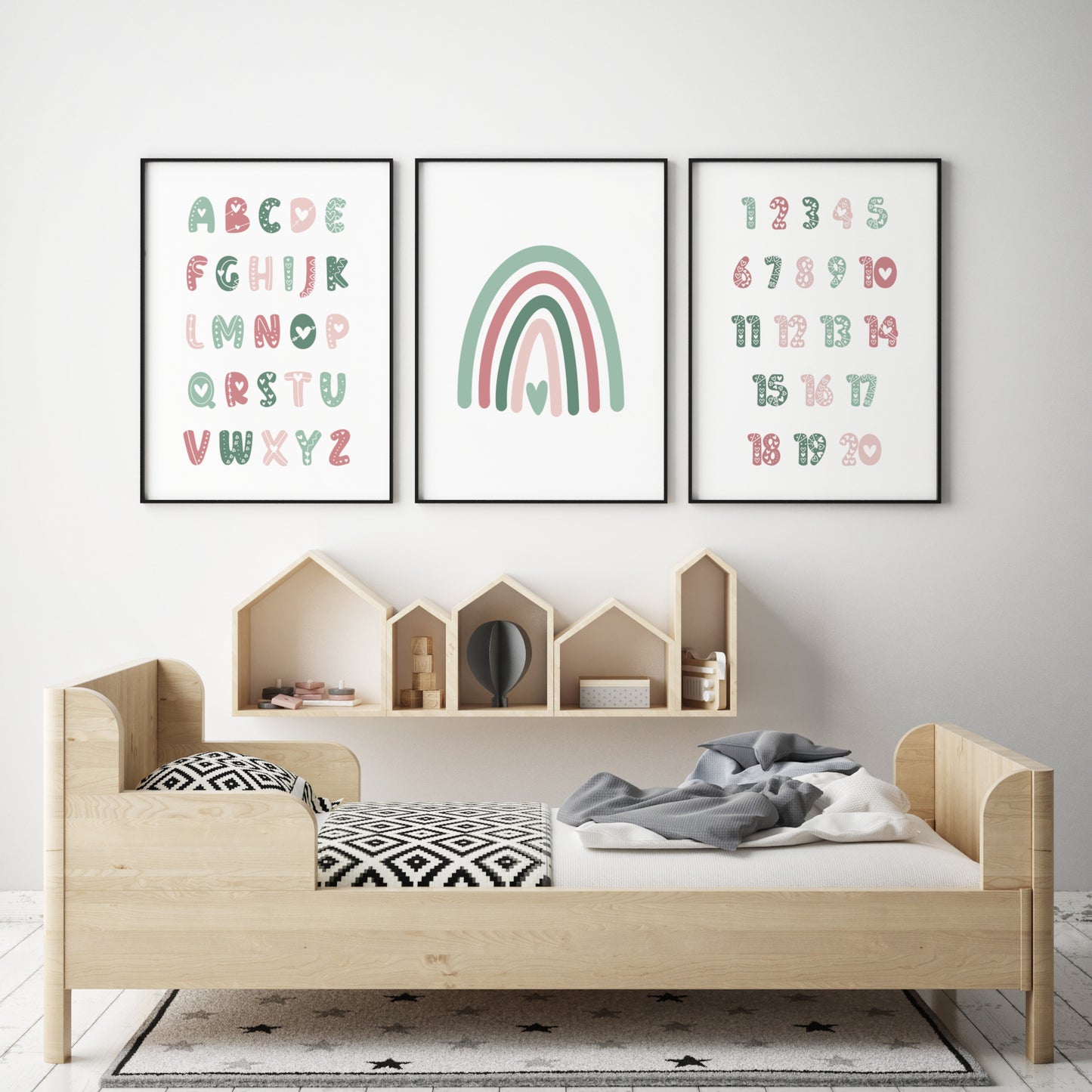 Alphabet, Rainbow and Numbers Prints (Green & Pink) (Set of 3)