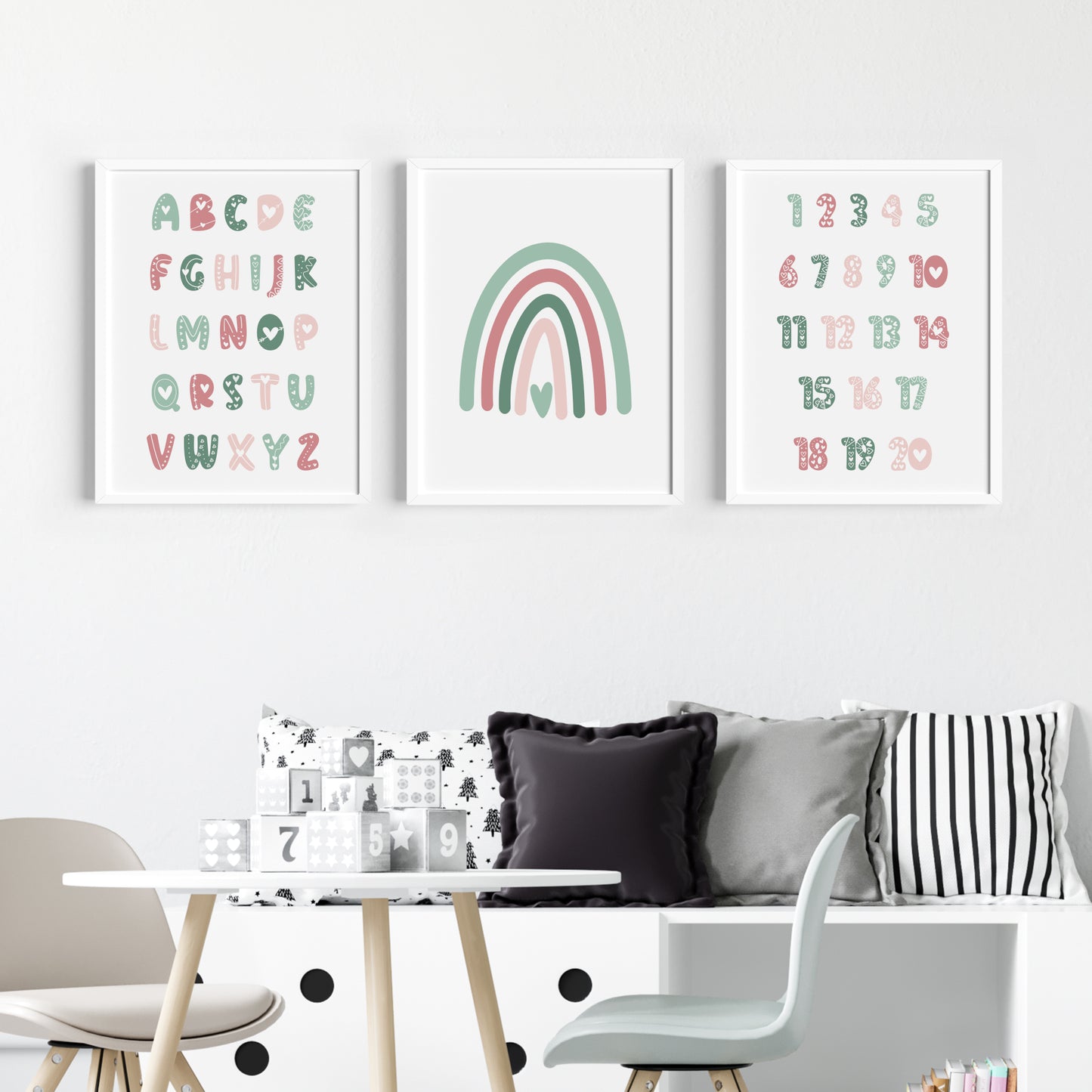 Alphabet, Rainbow and Numbers Prints (Green & Pink) (Set of 3)