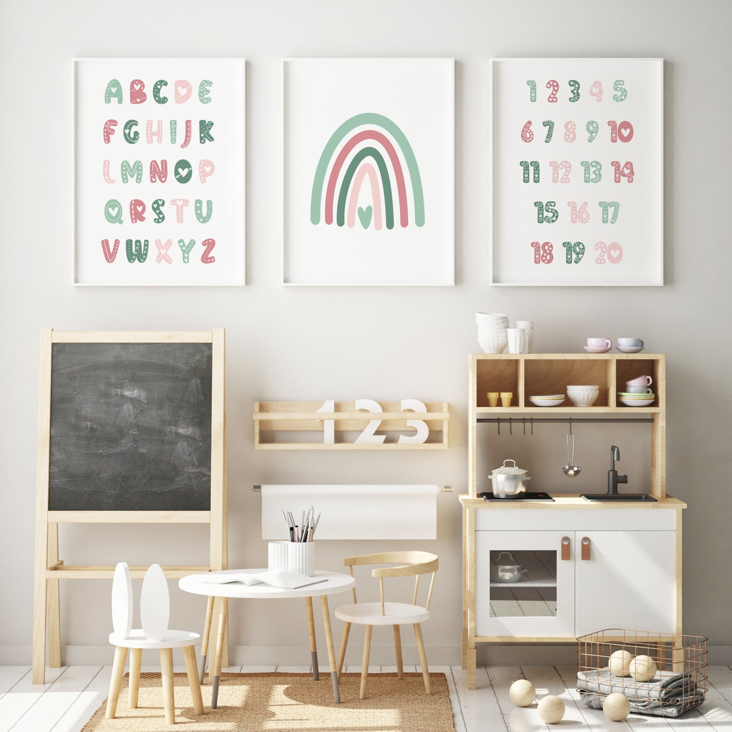 Alphabet, Rainbow and Numbers Prints (Green & Pink) (Set of 3)