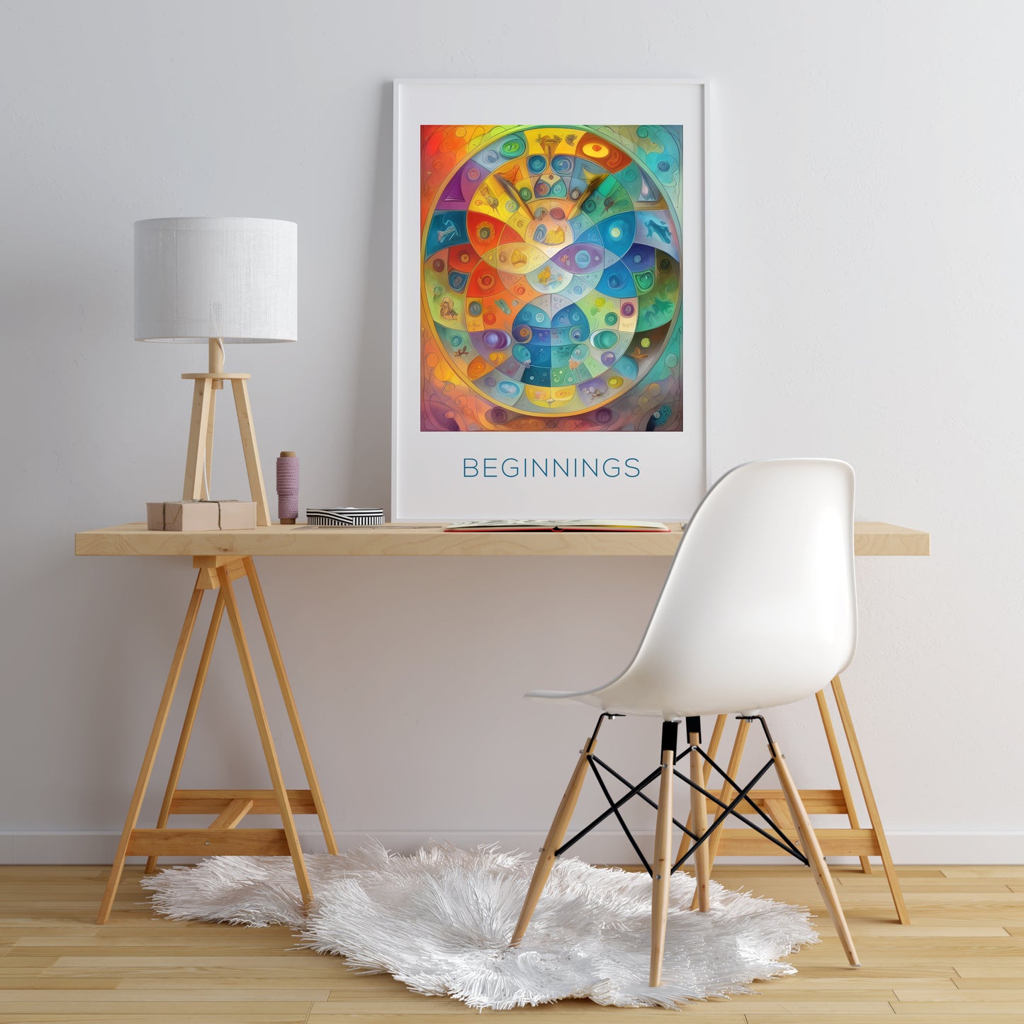 Single portrait abstract print titled "Beginnings". The composition is in a broad palette with a combination of bright shades and more muted tones.