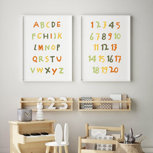 Set of 2 portrait typography prints. Print 1 shows the letters of the alphabet and print 2 numbers from 1-20. A bright jungle-themed colour palette and a fun typeface are used.