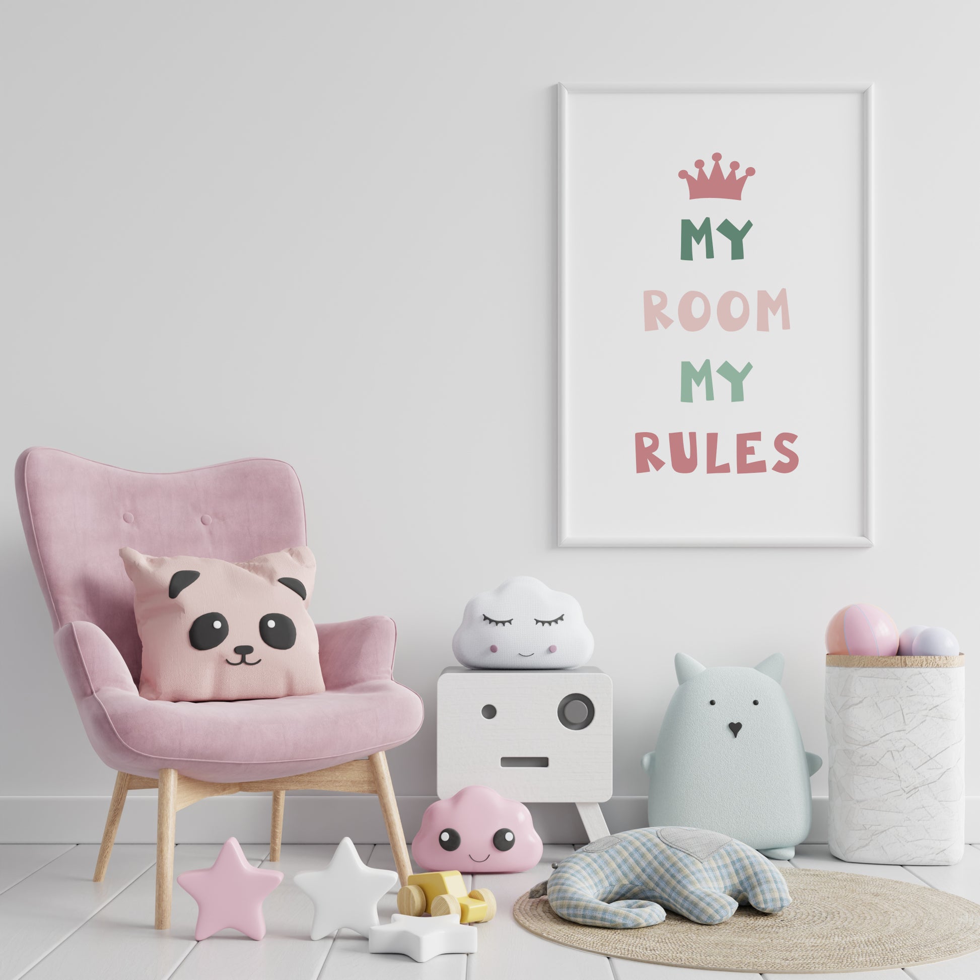 Single portrait typography print. Text reads: My room my rules. A crown image is positioned about the text. A fun and chunky font is used, with the text and crown in various shades of pink and green.