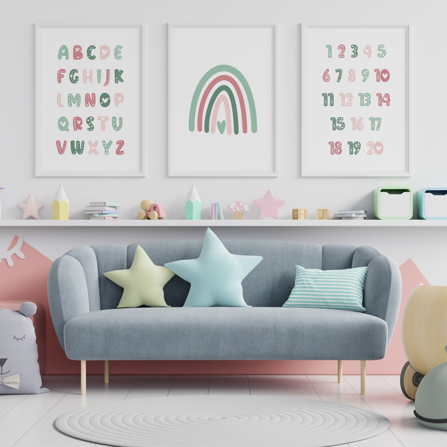 Alphabet, Rainbow and Numbers Prints (Green & Pink) (Set of 3)