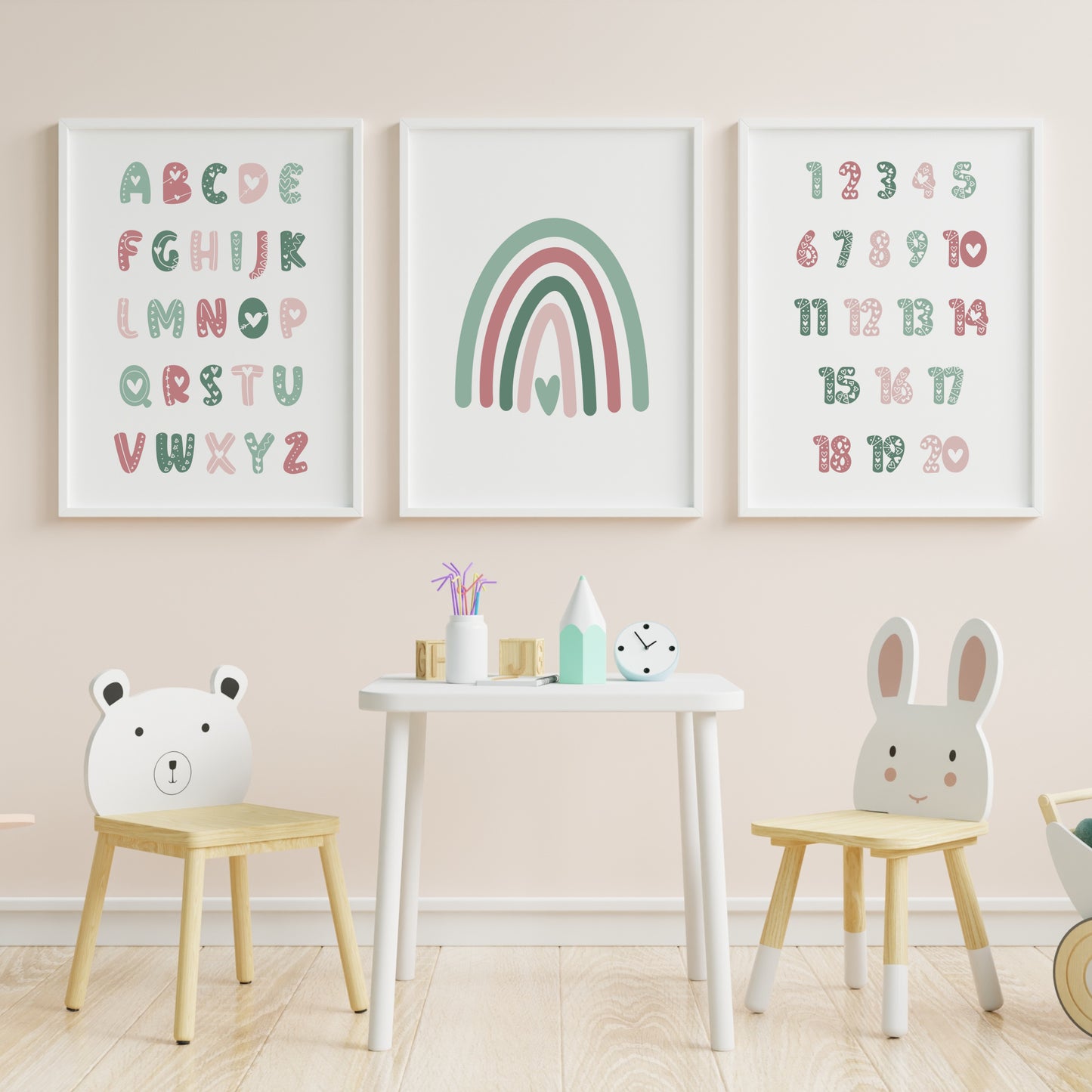 Alphabet, Rainbow and Numbers Prints (Green & Pink) (Set of 3)