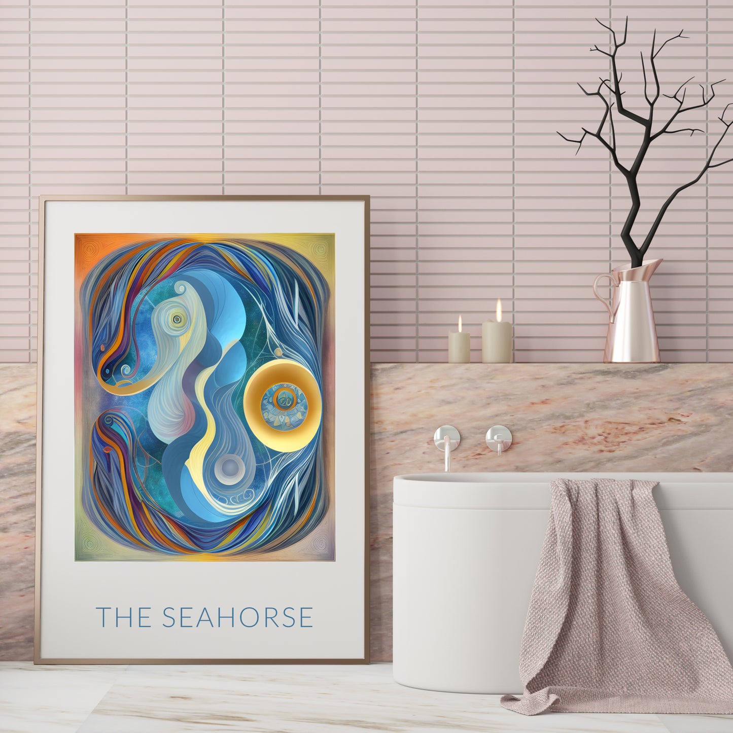 Abstract print depicting a seahorse. The broad colour palette is vibrant get gentle, maintaining a sense of calm and reflection.