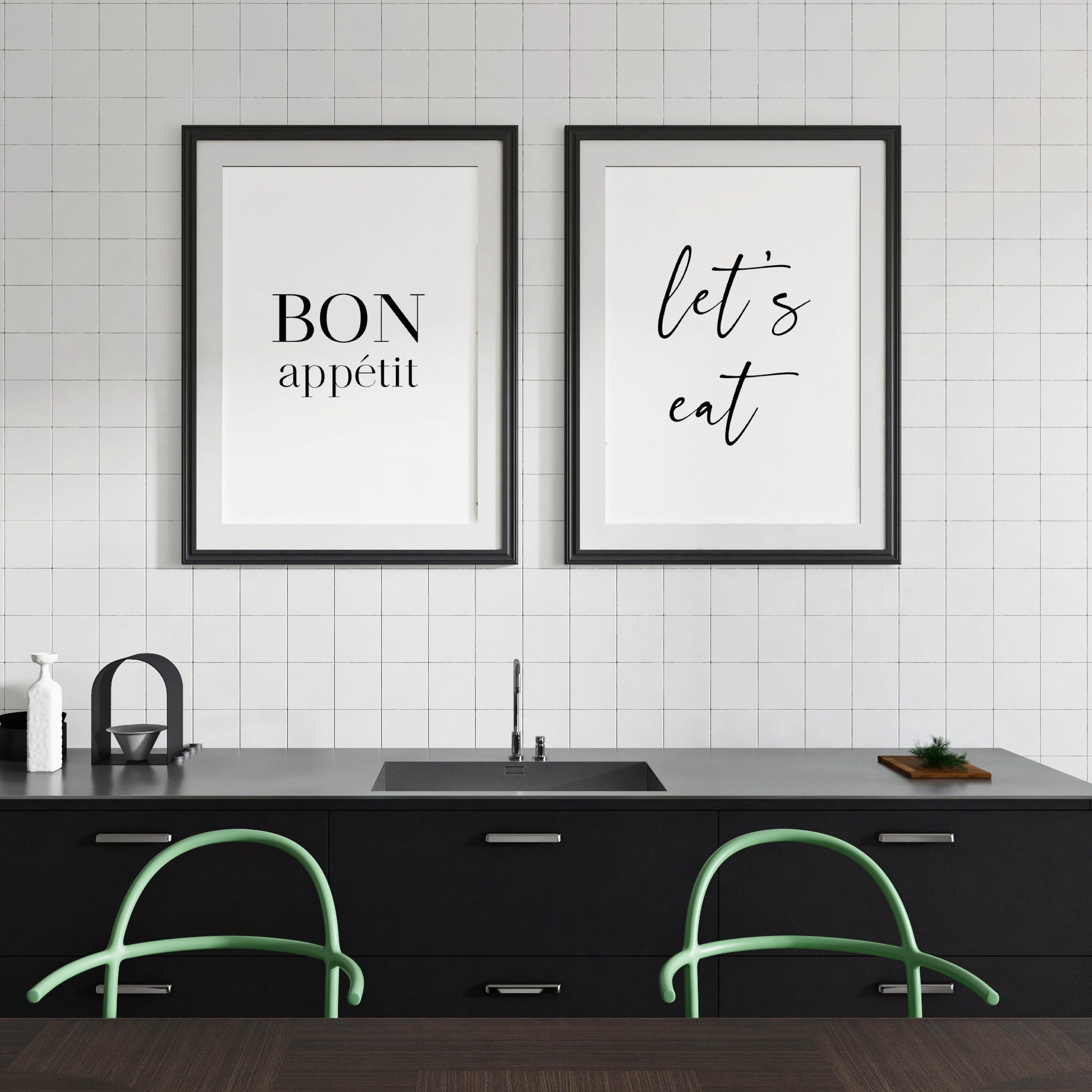 Bon Appetit Let's Eat | Set of 2 Prints | Dining Room Wall Art | Kitchen Decor | Typography Posters | Contemporary Prints (Unframed)