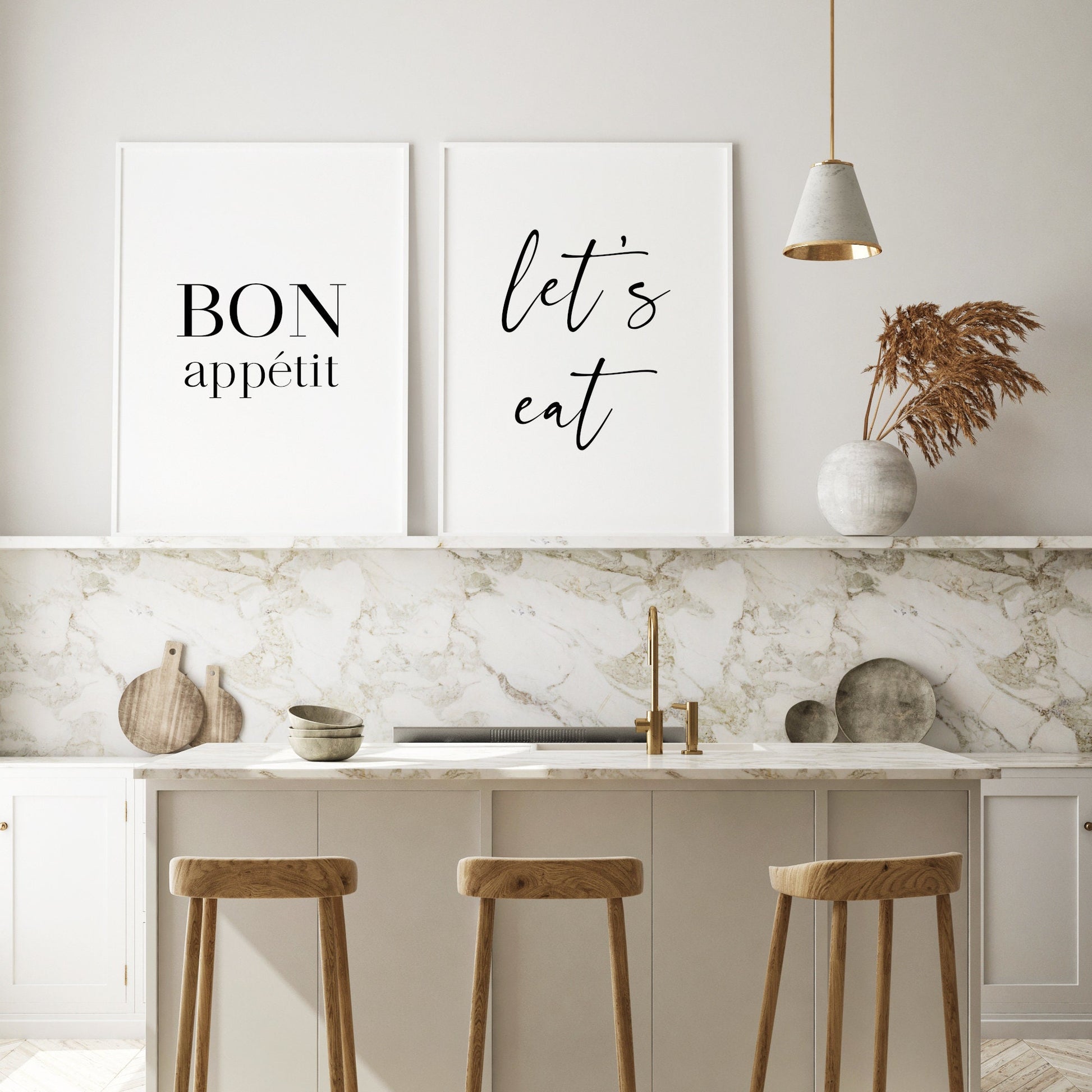 Bon Appetit Let's Eat | Set of 2 Prints | Dining Room Wall Art | Kitchen Decor | Typography Posters | Contemporary Prints (Unframed)