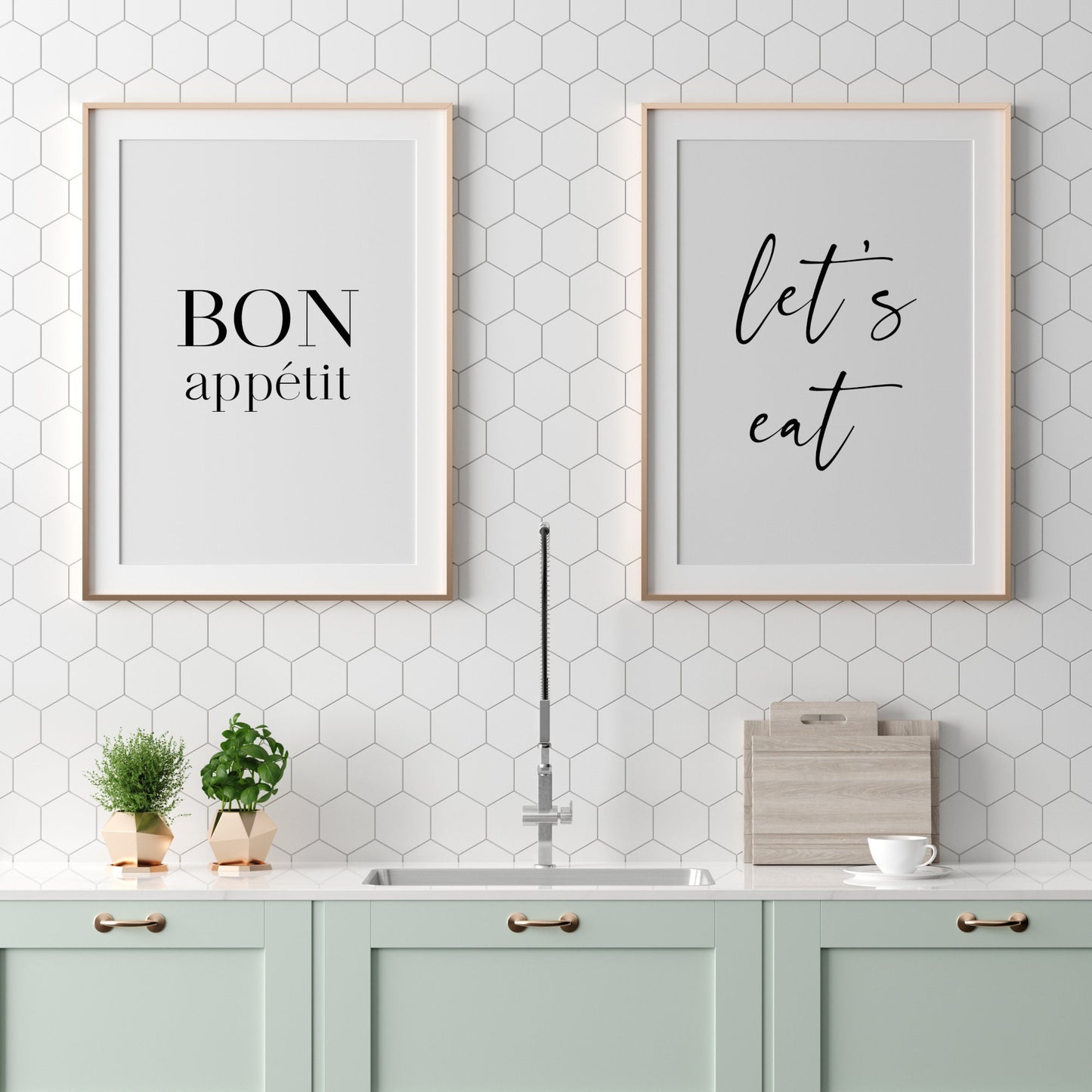 Bon Appetit Let's Eat | Set of 2 Prints | Dining Room Wall Art | Kitchen Decor | Typography Posters | Contemporary Prints (Unframed)