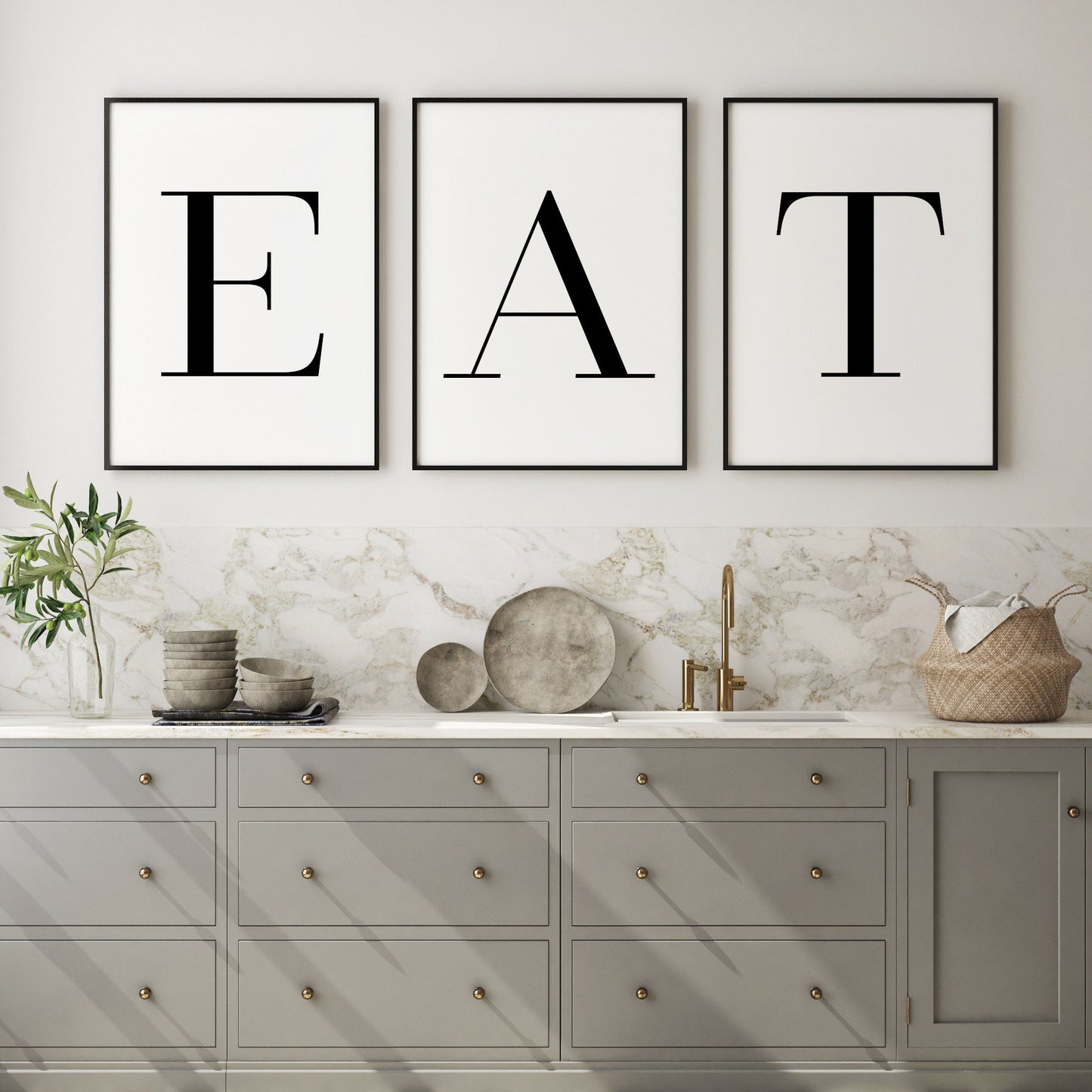 EAT | Set of 3 Prints | Dining Room Wall Art | Kitchen Decor | Monochrome Typography Posters | UNFRAMED