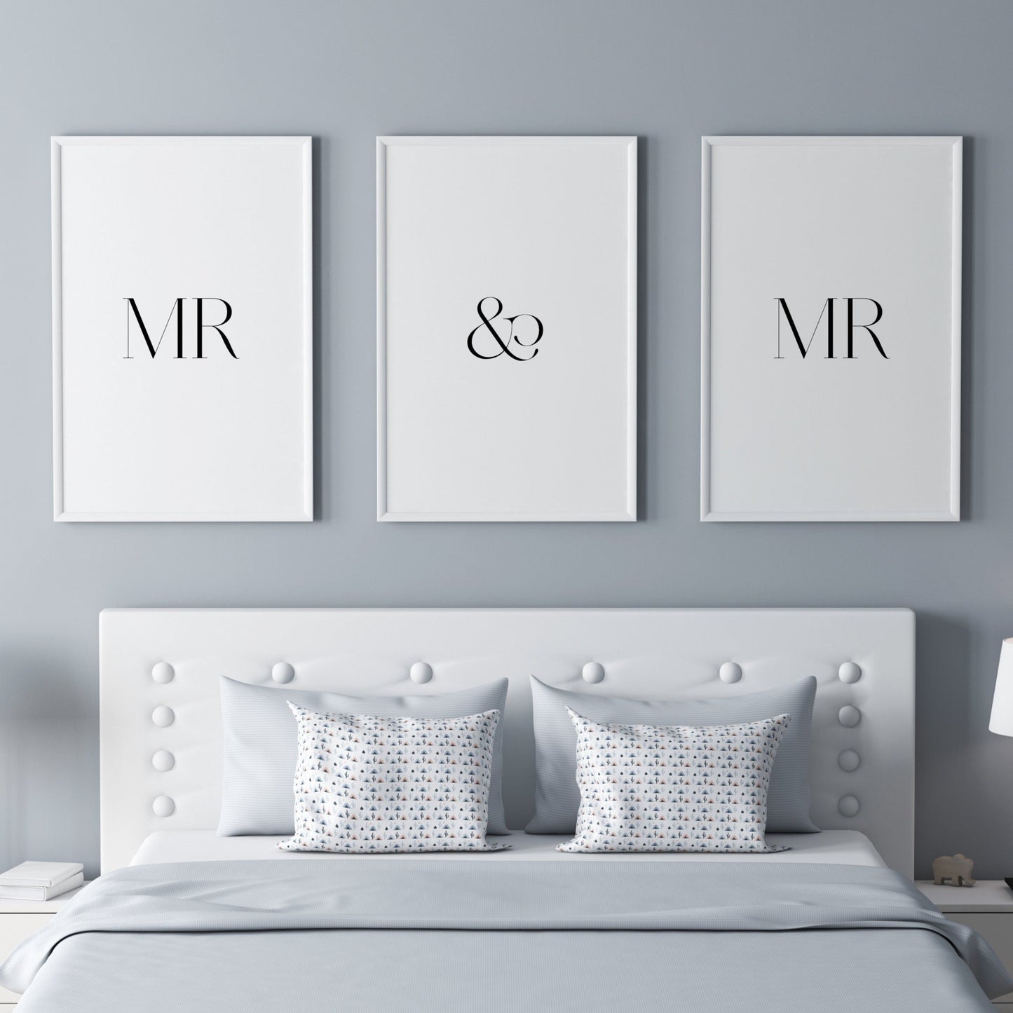 Set of 3 portrait typography prints reading "Mr & Mr", with one word per print. All text is in a large, formal. upper case serif font. Text is black on a white background.