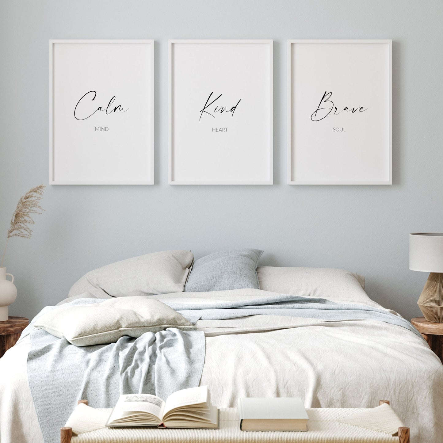 Set of 3 portrait typography posters displayed side by side. The quote "Calm mind, Kind heart, Brave soul" is split across them. The words Calm, Kind and Brave are in a large script front, with the other text in a smaller simple font below.