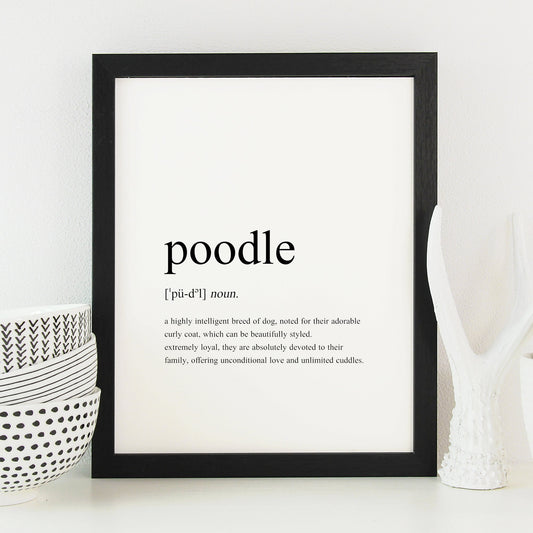 Poodle definition print displayed in a black frame. Styled as per a traditional dictionary definition, including the pronunciation and description. Text is factual, fun and sentimental about poodles. See the product description for the full text.