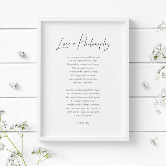 Single portrait typography print featuring the poem Love's Philosophy by P.B. Shelley. The title is displayed in an elegant script font, with the main body and attribution is a clear sans serif font. Text is black on a white background.