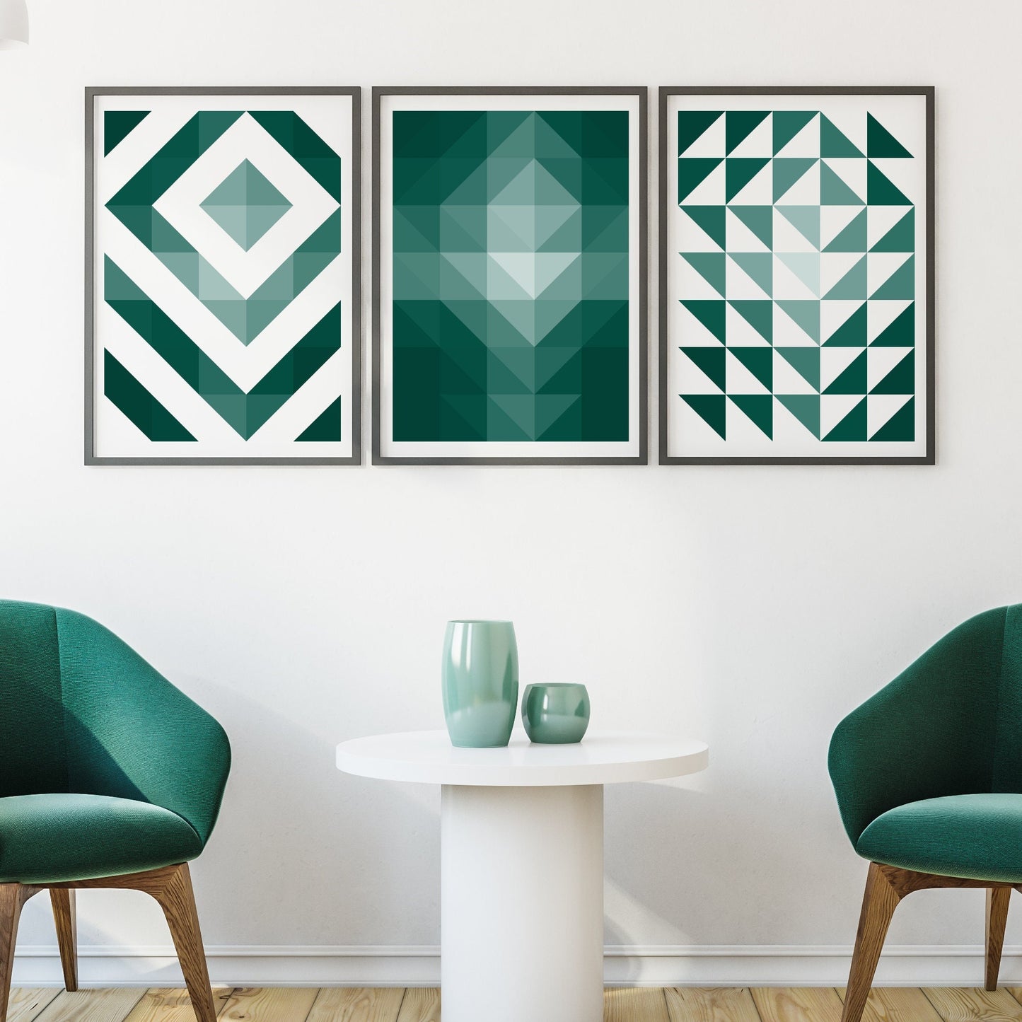 Shades Of Emerald Green Abstract Geometric Prints (Set of 3)