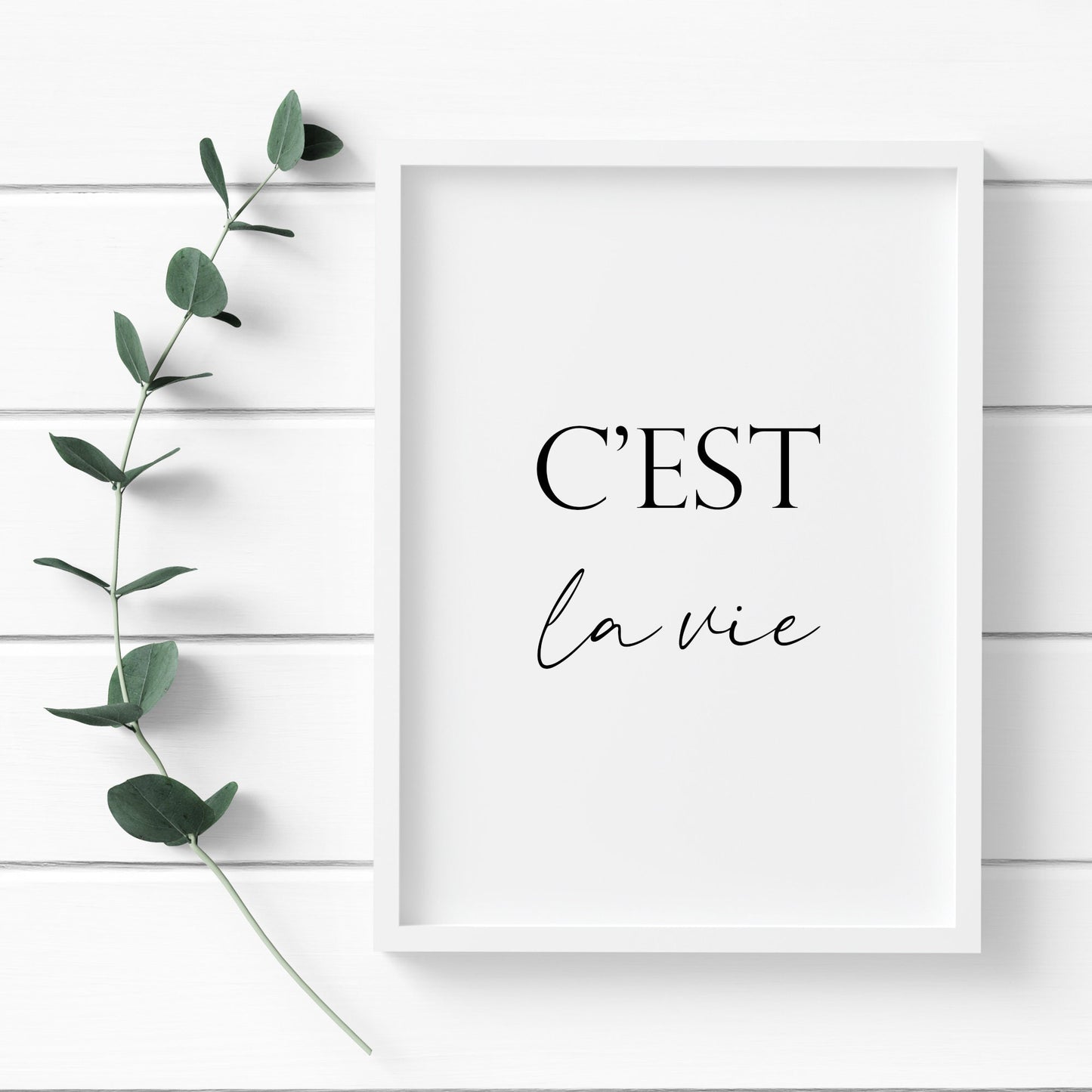 Single portrait typography print. Text reads: C'est la vie. The word "C'est" is shown in a formal upper case serif font, with the words "la vie" positioned below and in an elegant script font. Text is black on a white background.