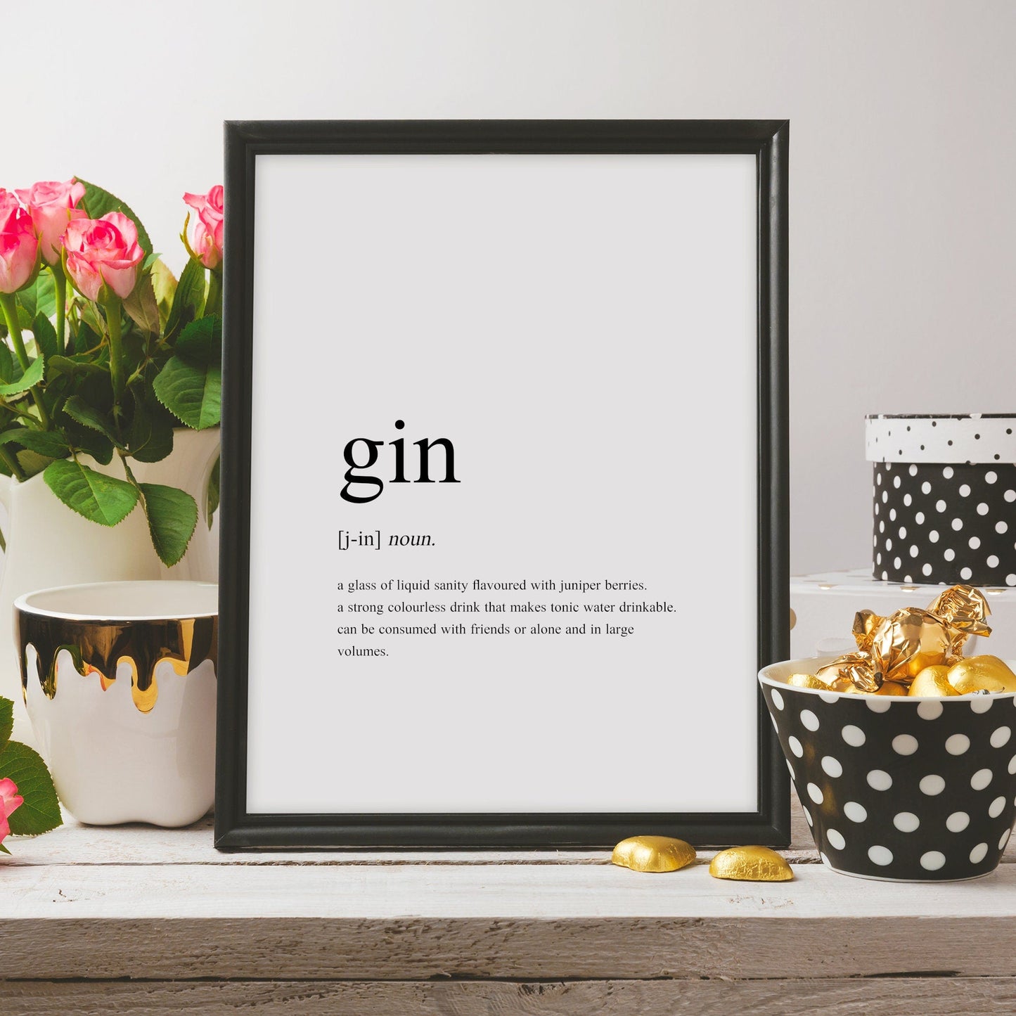 Single portrait typography print in a traditional dictionary style, quoting the definition of gin. It includes the word itself, together with its pronunciation and a humorous definition of the drink. The perfect gift for any gin lover!