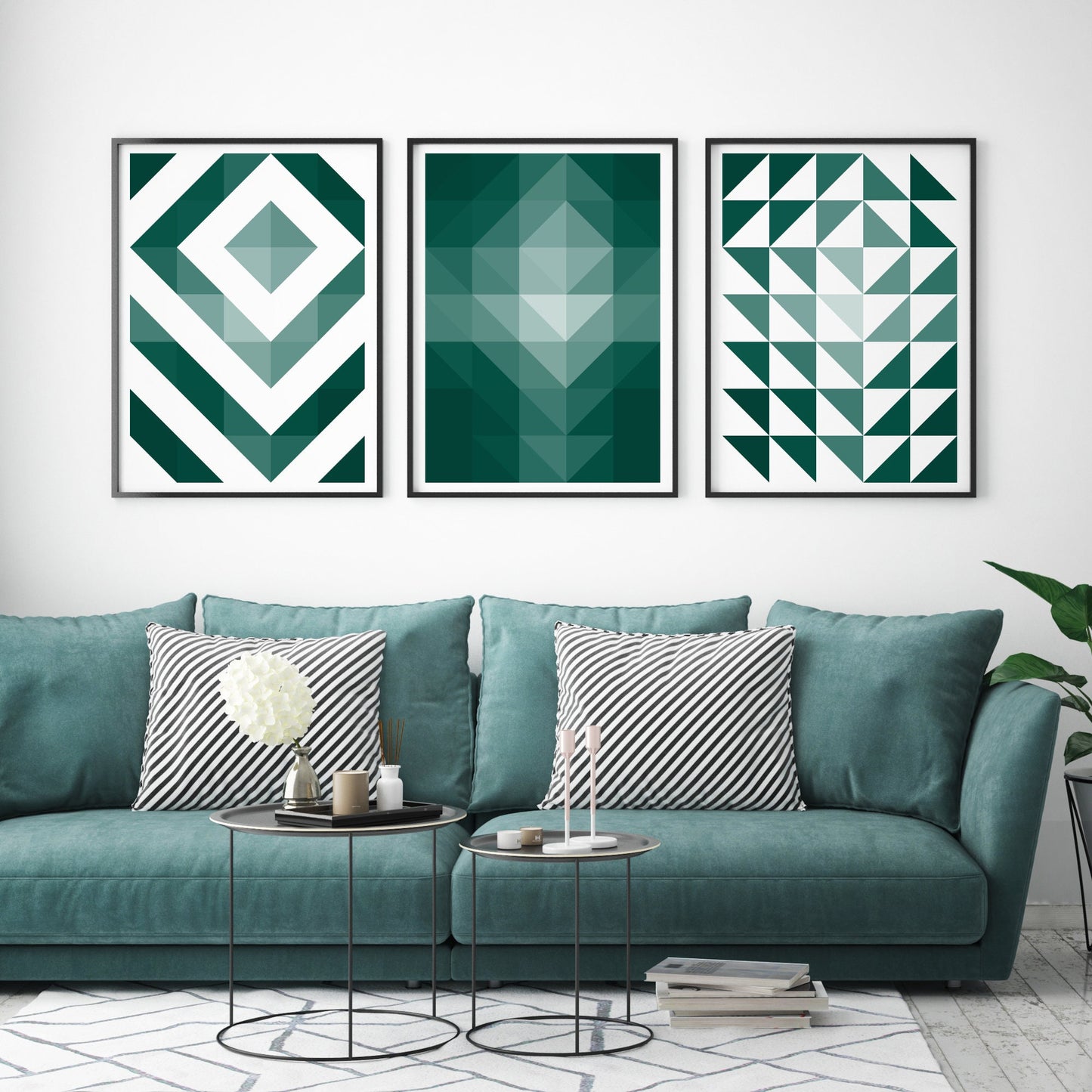 Shades Of Emerald Green Abstract Geometric Prints (Set of 3)