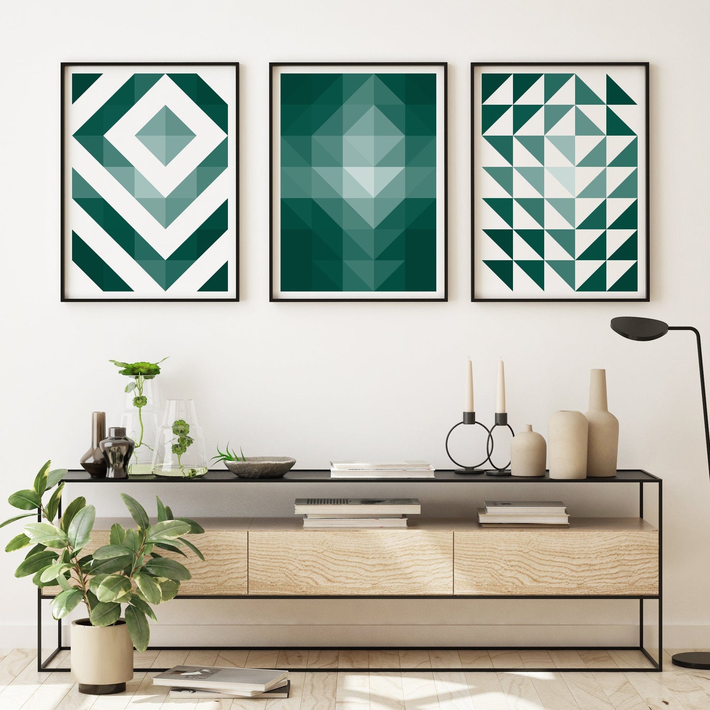 Shades Of Emerald Green Abstract Geometric Prints (Set of 3)