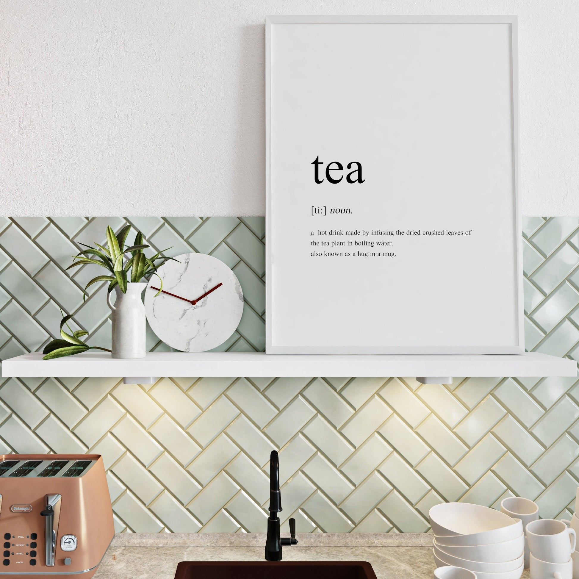 Single portrait typography print showing a humorous dictionary-style definition of the word &quot;tea&quot;. The print is shown framed in a kitchen setting, although it is sold unframed.