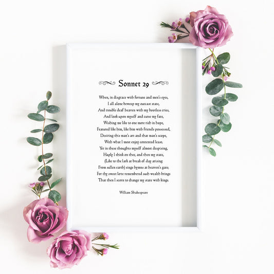 Single portrait typography print of Shakespeare's sonnet 29, which features the romantic quote "for thy sweet love remembered such wealth brings". Text is in a vintage style, black on a white background.