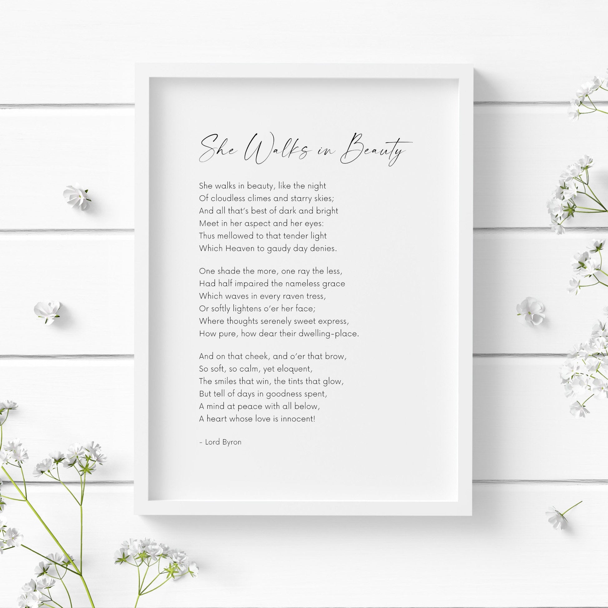 Single portrait typography print featuring the romantic poem She Walks In Beauty by Lord Byron. The title is in an elegant script font, with the body of the poem in a clear sans serif font. The perfect Valentine&#39;s Day gift!