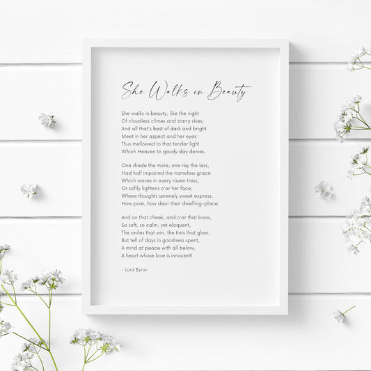 Single portrait typography print featuring the romantic poem She Walks In Beauty by Lord Byron. The title is in an elegant script font, with the body of the poem in a clear sans serif font. The perfect Valentine&#39;s Day gift!