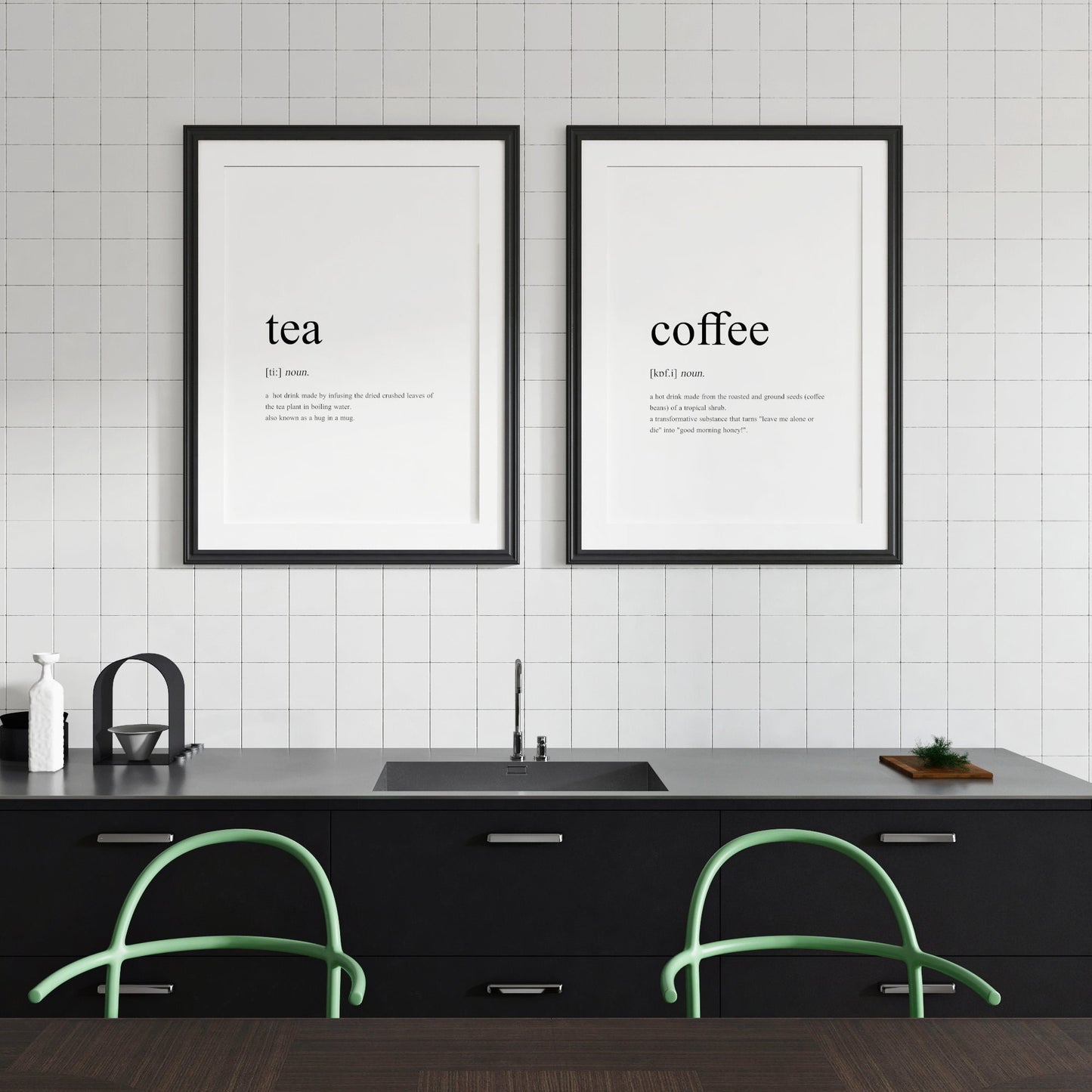 Set of 2 portrait typography prints featuring dictionary style definitions of the words tea and coffee. Each lists the word, its pronunciation, designation as a noun and a humorous definition. Text is black on a white background.