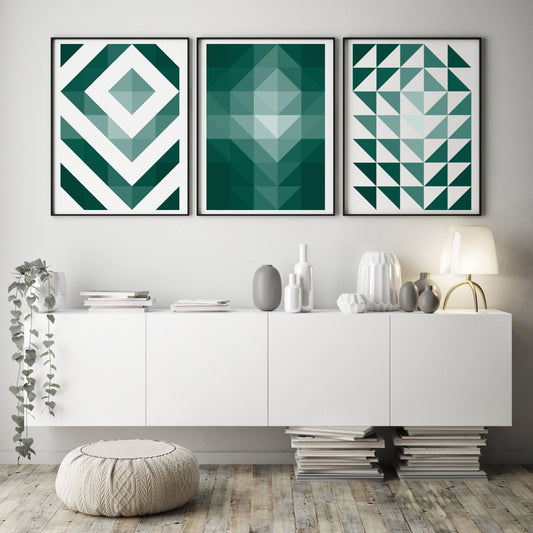 Set of 3 abstract geometric prints in shades of emerald green. They patterns are all based on small right angled triangles.