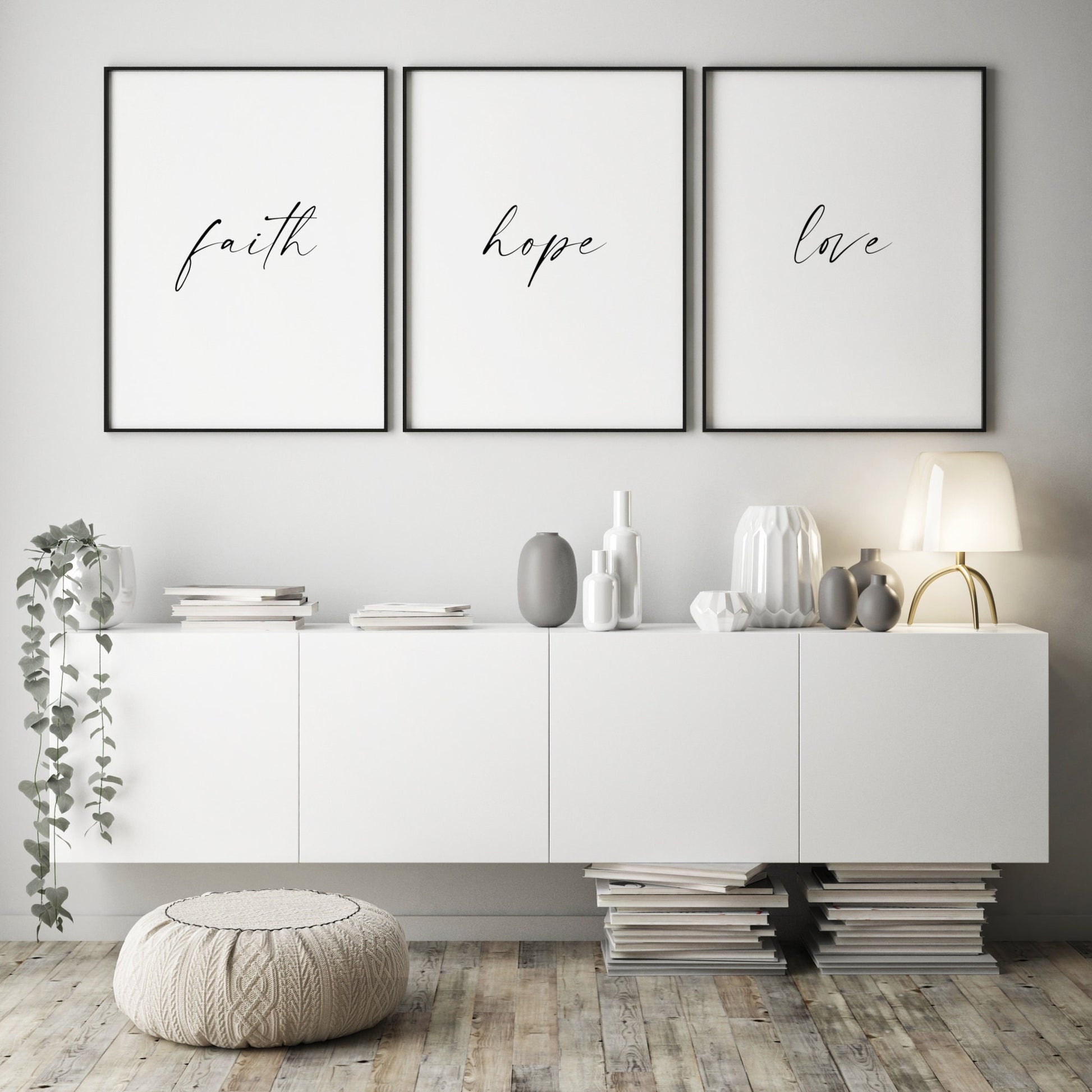 Set of 3 portrait typography prints, featuring the words faith, hope and love. Text is black on a white background and a contemporary script font is used.