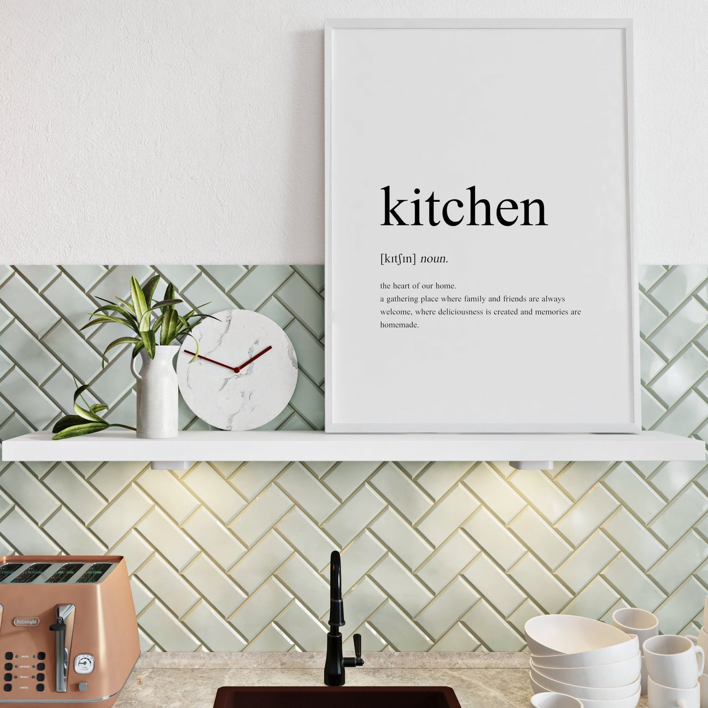 Single portrait typography print featuring a definition of the word kitchen in a traditional dictionary definition style. The description is a heart-warming one which focuses on the role of the kitchen in life with family and friends.