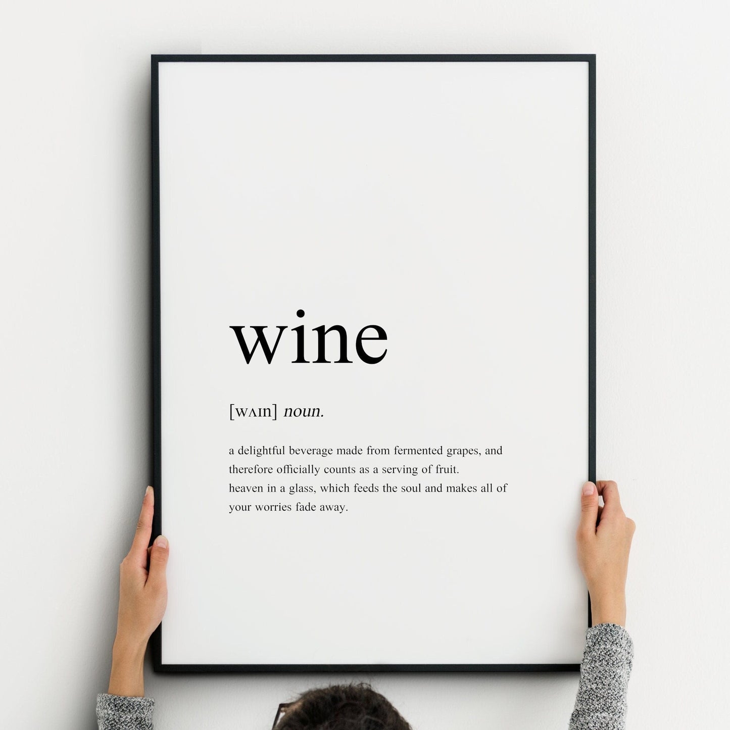 Single portrait print featuring a fun, dictionary-style, definition of the word "wine".  Text is black on a white background.