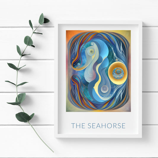 Abstract print depicting a seahorse. The broad colour palette is vibrant get gentle, maintaining a sense of calm and reflection.